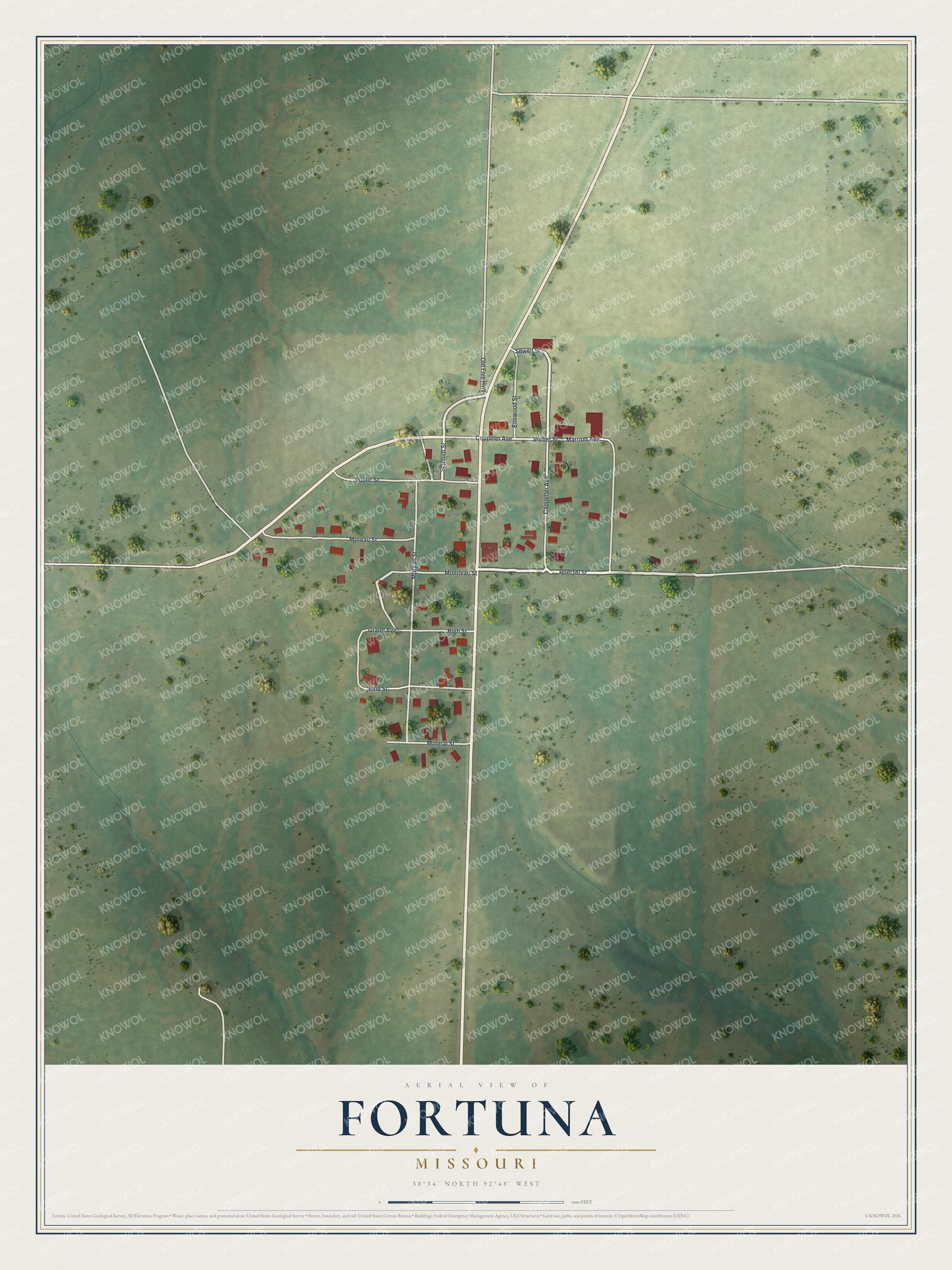 Full map of Fortuna, Missouri, with red buildings, printed street names and the land around them