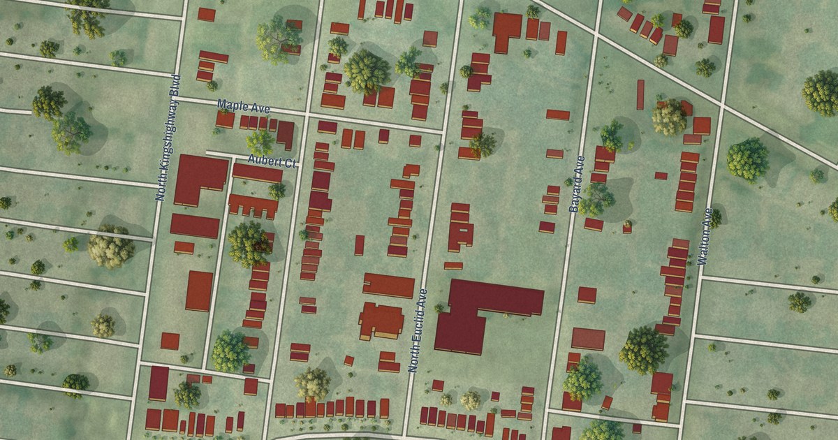 Close-up of streets and buildings in Fountain Park, Missouri