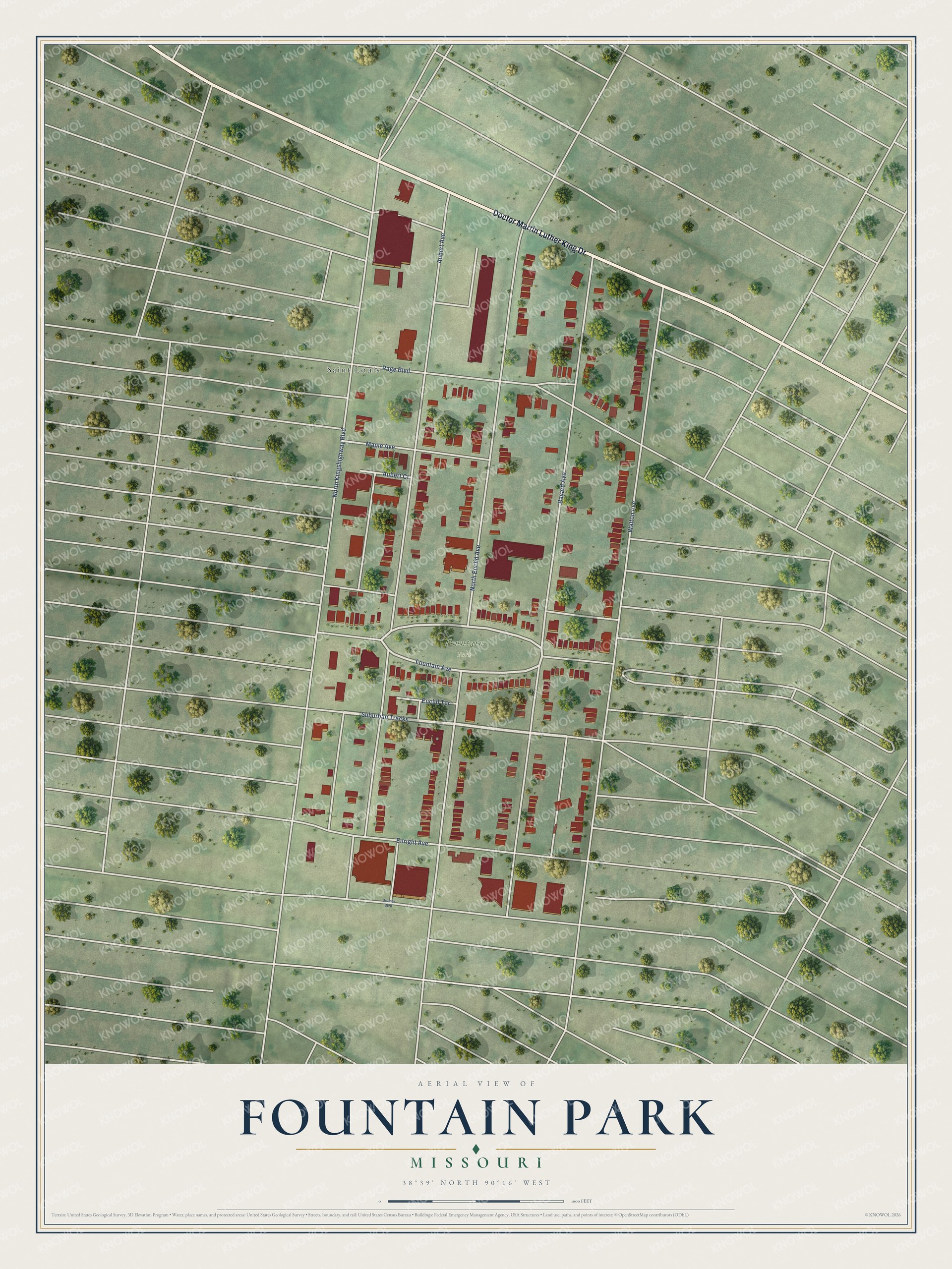 Full map of Fountain Park, Missouri, with red buildings, printed street names and the land around them