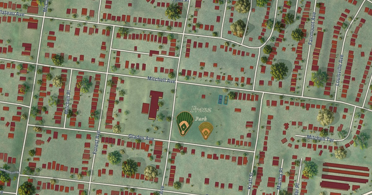 Close-up of streets and buildings in Franz Park, Missouri