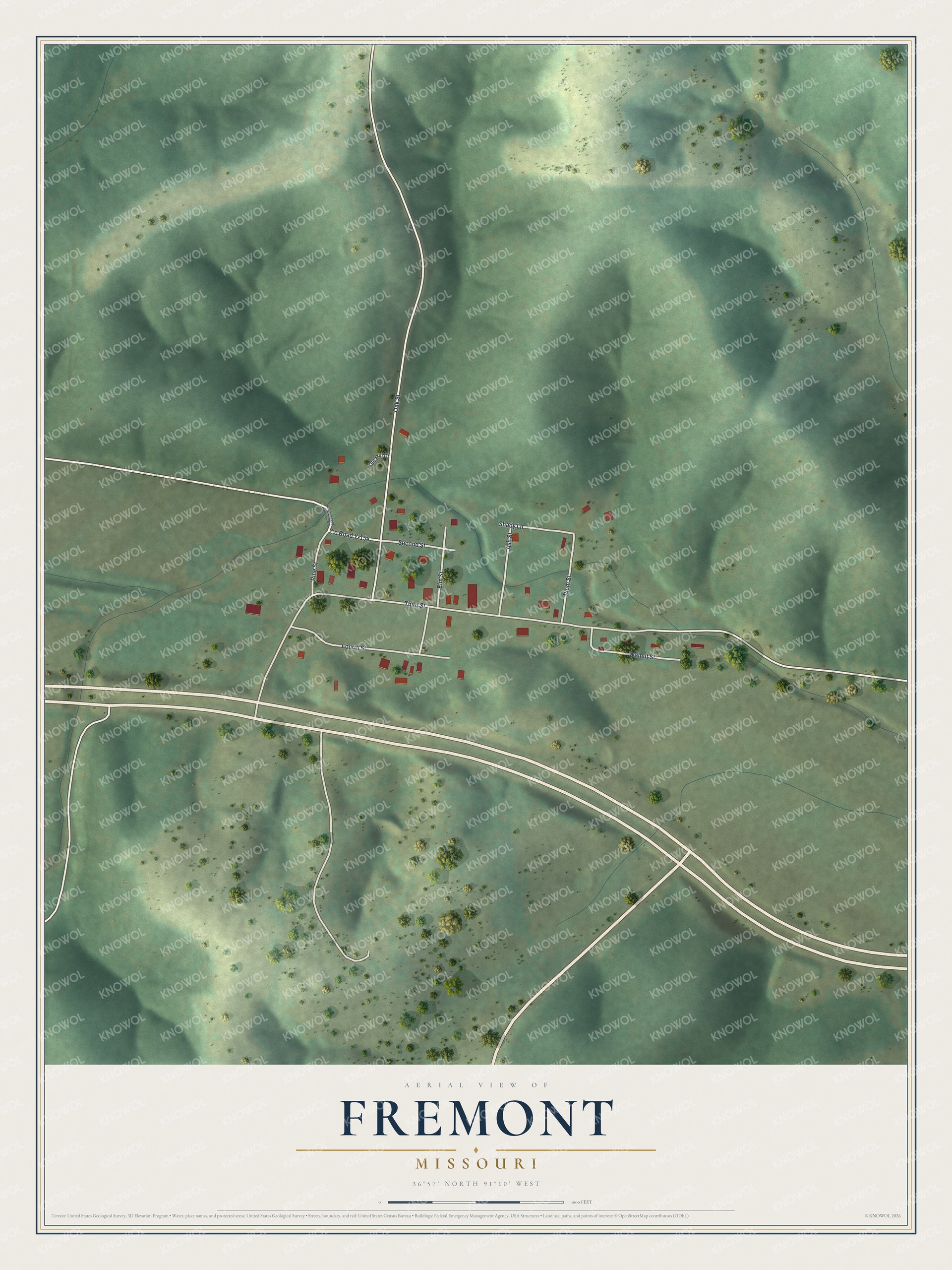 Full map of Fremont, Missouri, with red buildings, printed street names and the land around them