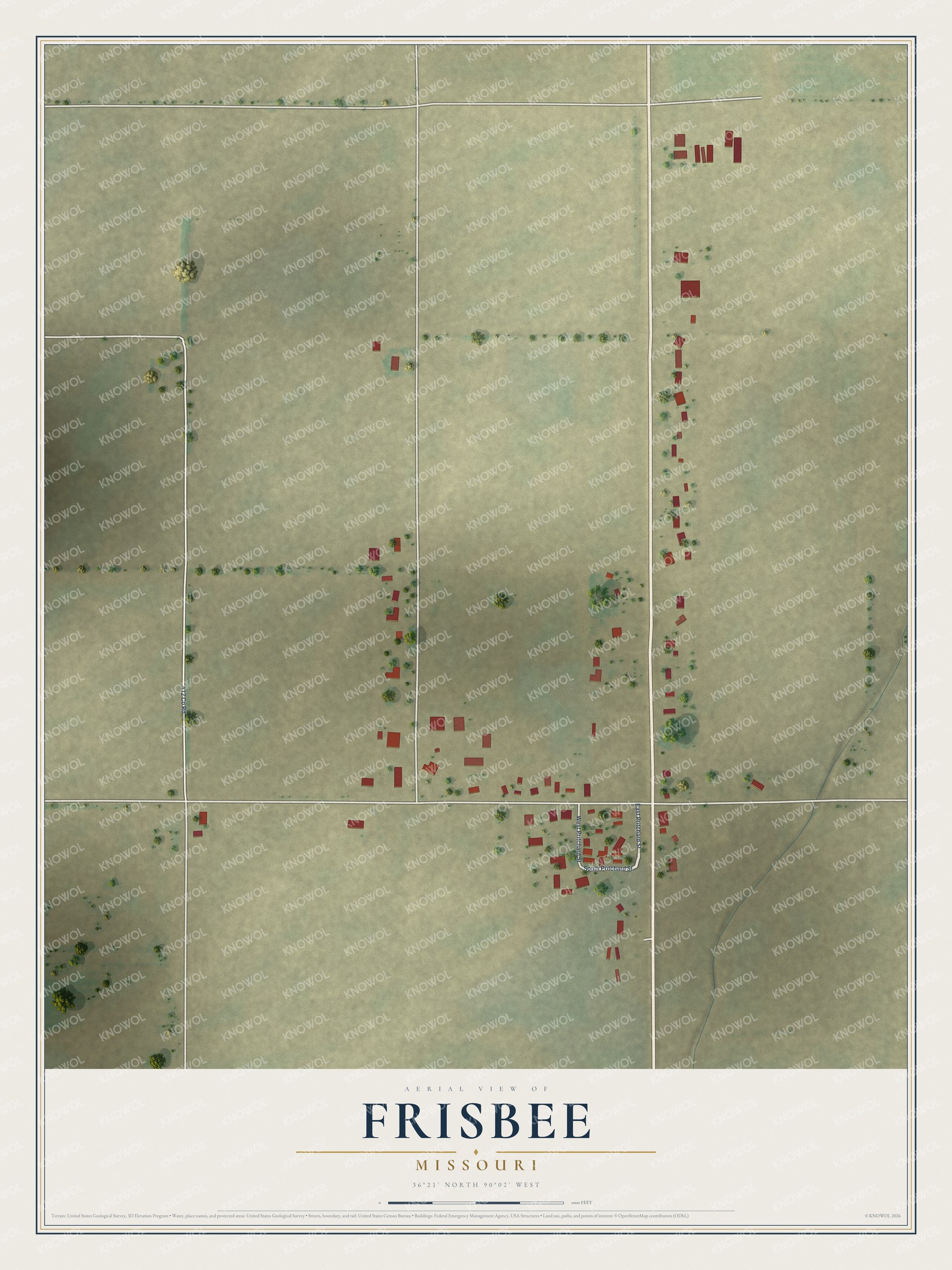 Full map of Frisbee, Missouri, with red buildings, printed street names and the land around them