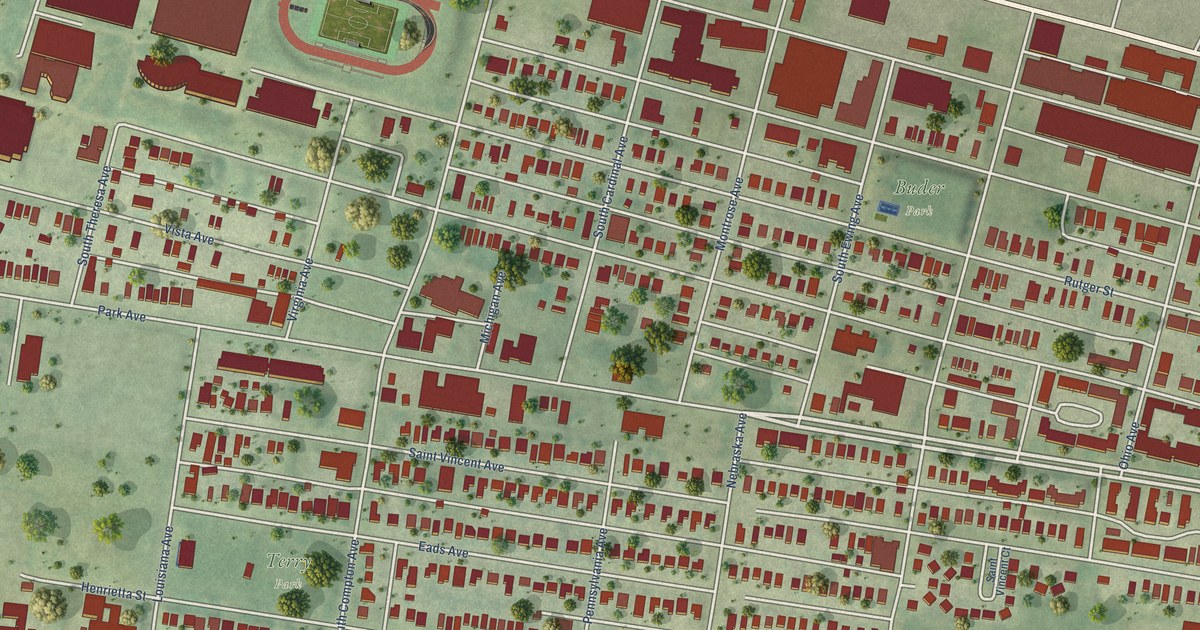 Close-up of streets and buildings in Gate District, Missouri