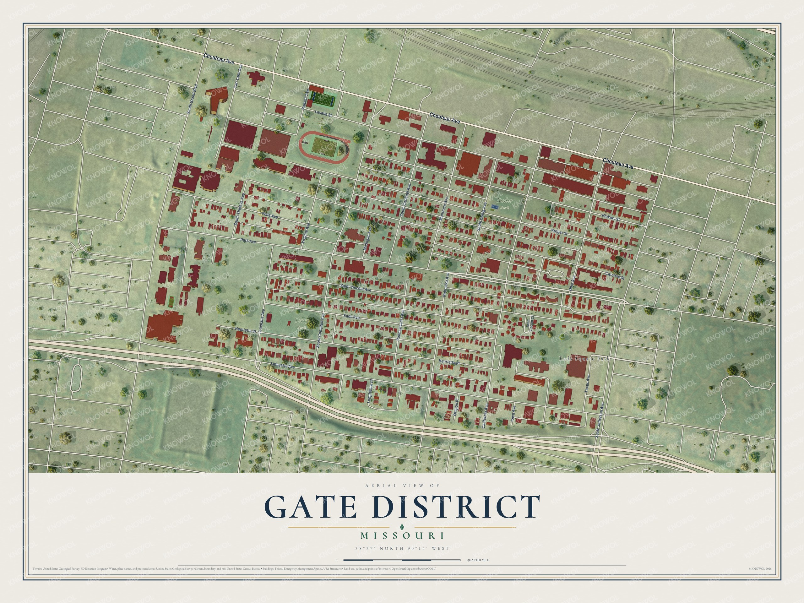 Full map of Gate District, Missouri, with red buildings, printed street names and the land around them