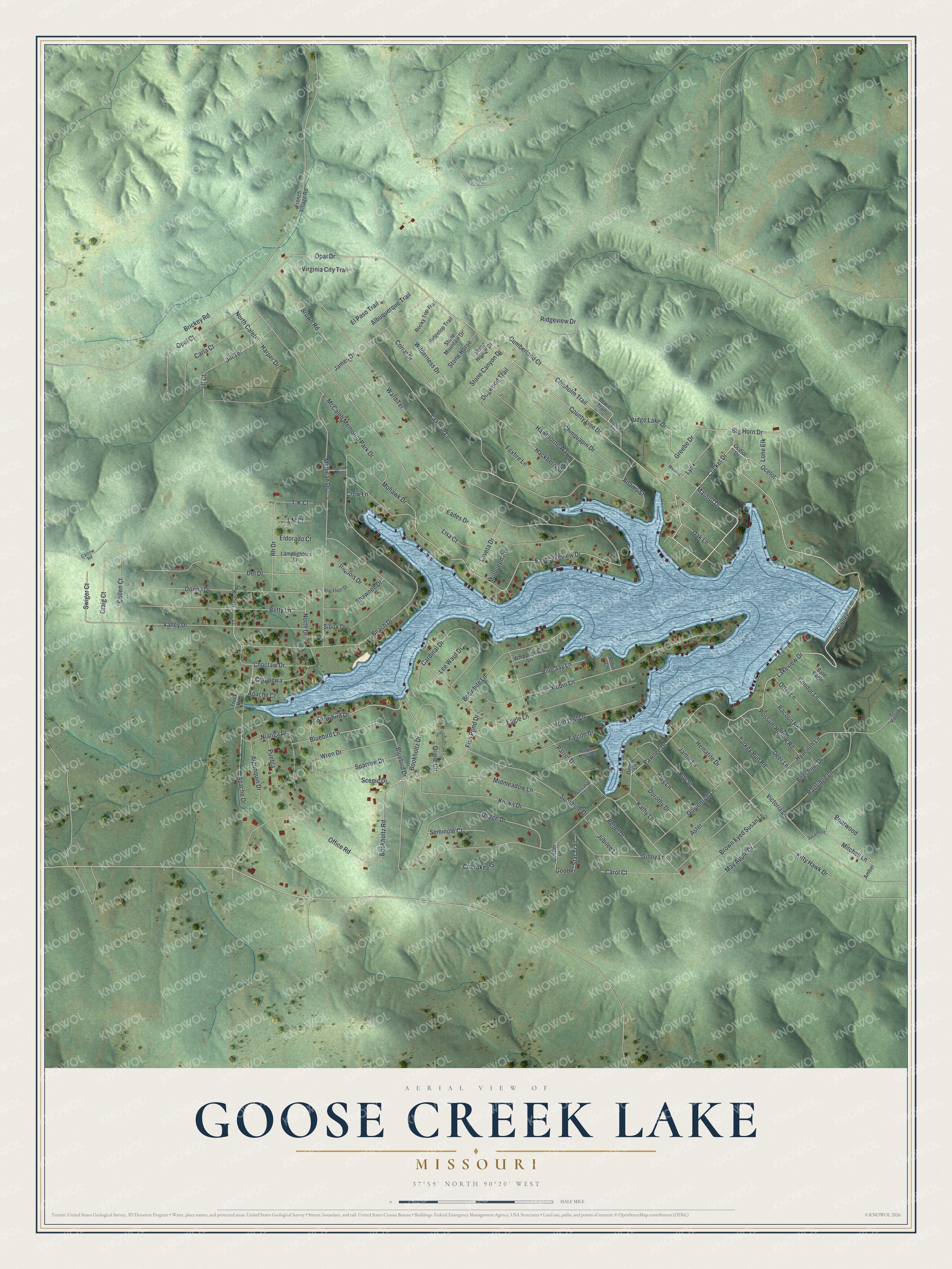 Full map of Goose Creek Lake, Missouri, with red buildings, printed street names and the land around them