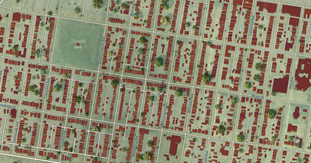 Close-up of streets and buildings in Gravois Park, Missouri