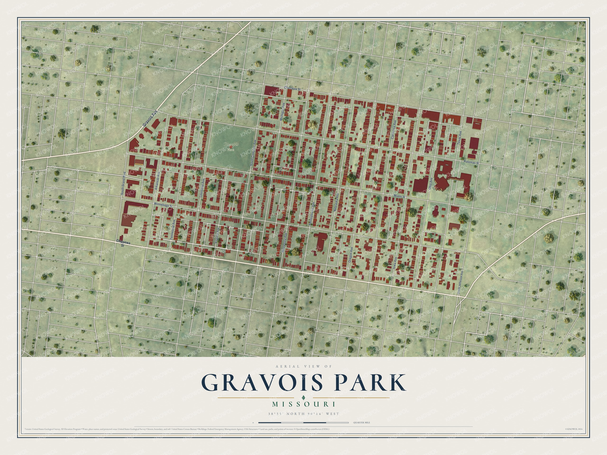 Full map of Gravois Park, Missouri, with red buildings, printed street names and the land around them