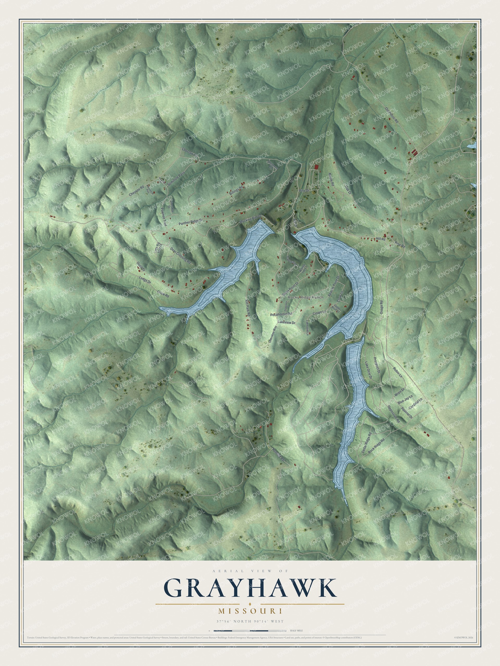 Full map of Grayhawk, Missouri, with red buildings, printed street names and the land around them