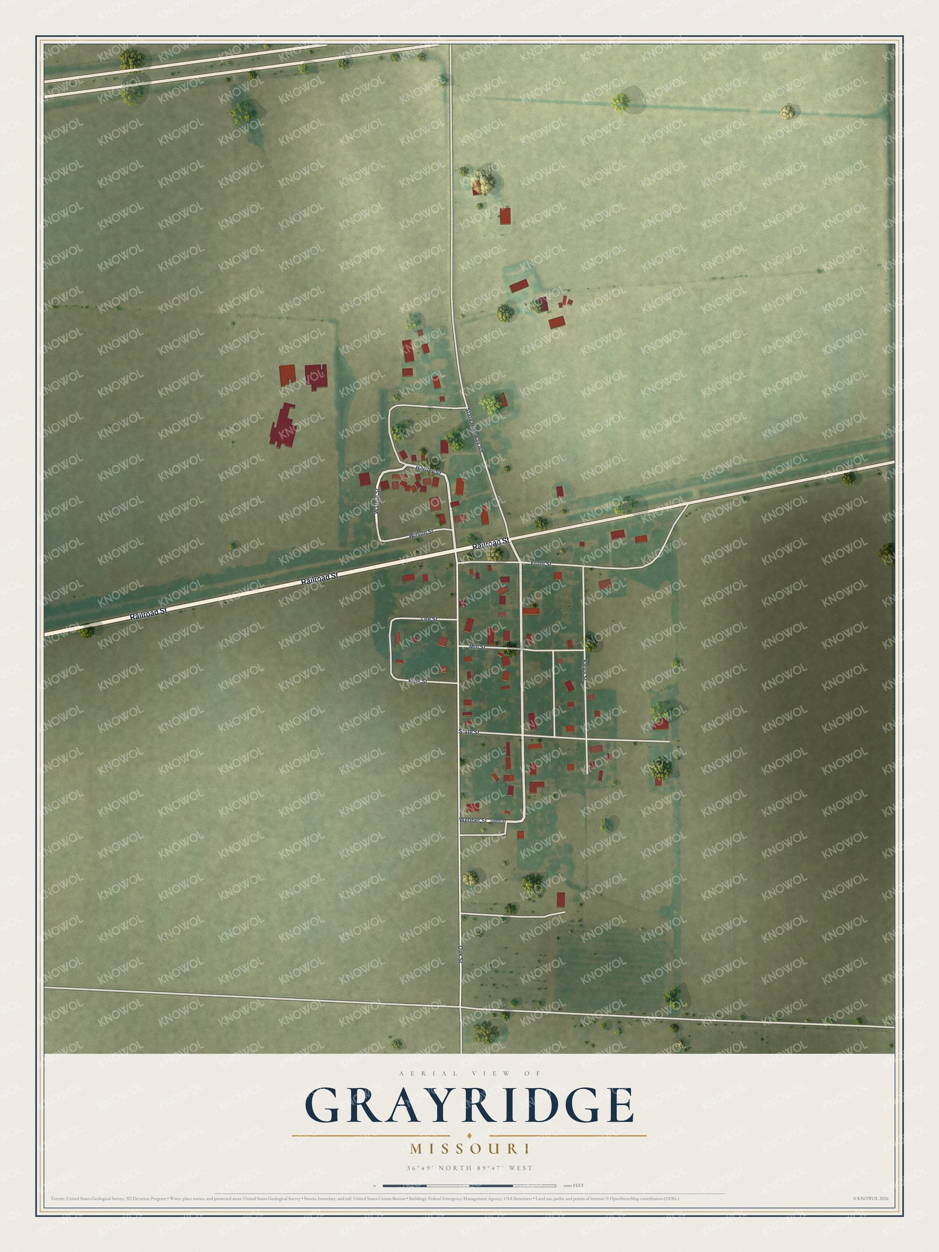 Full map of Grayridge, Missouri, with red buildings, printed street names and the land around them
