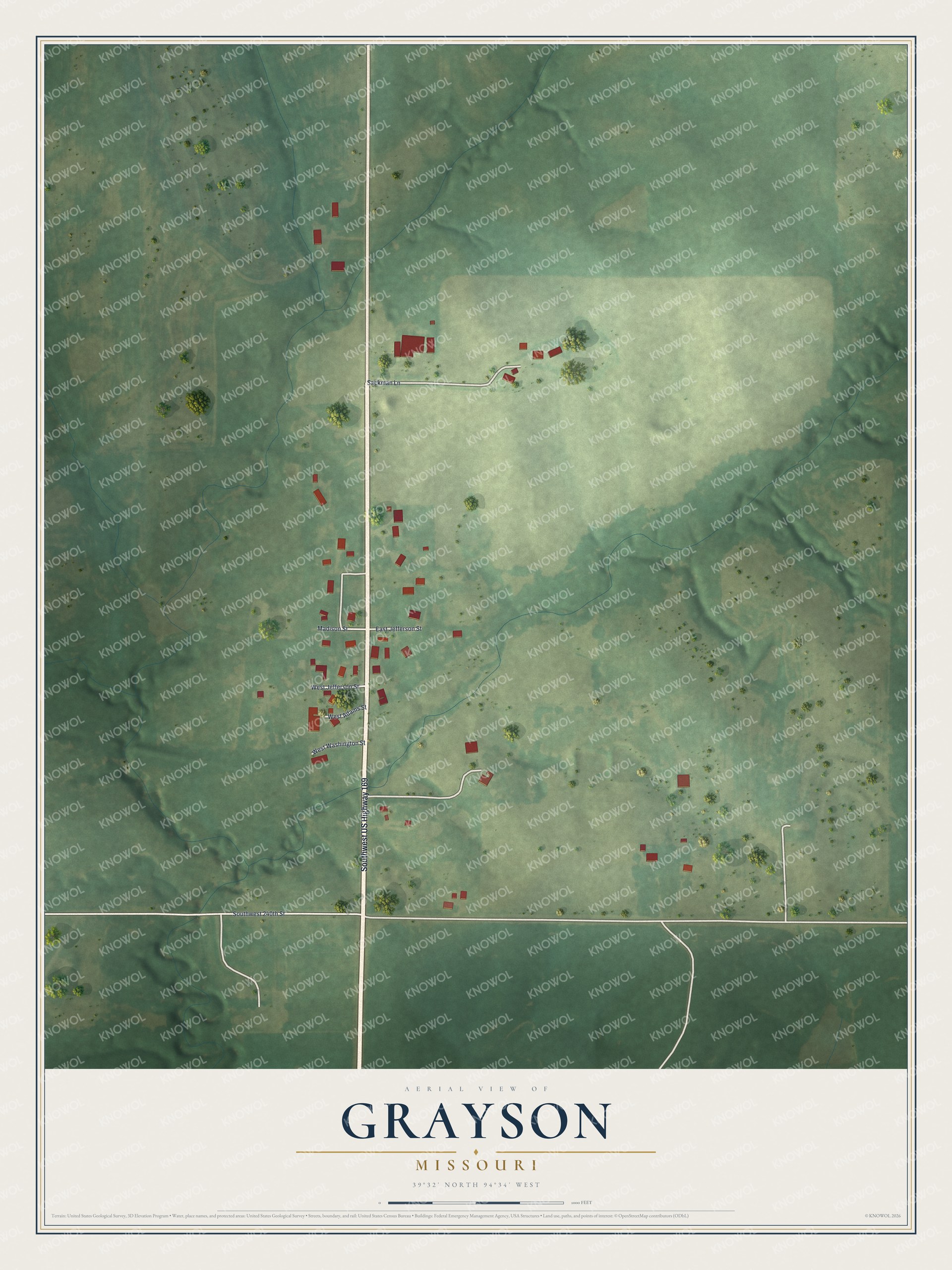 Full map of Grayson, Missouri, with red buildings, printed street names and the land around them