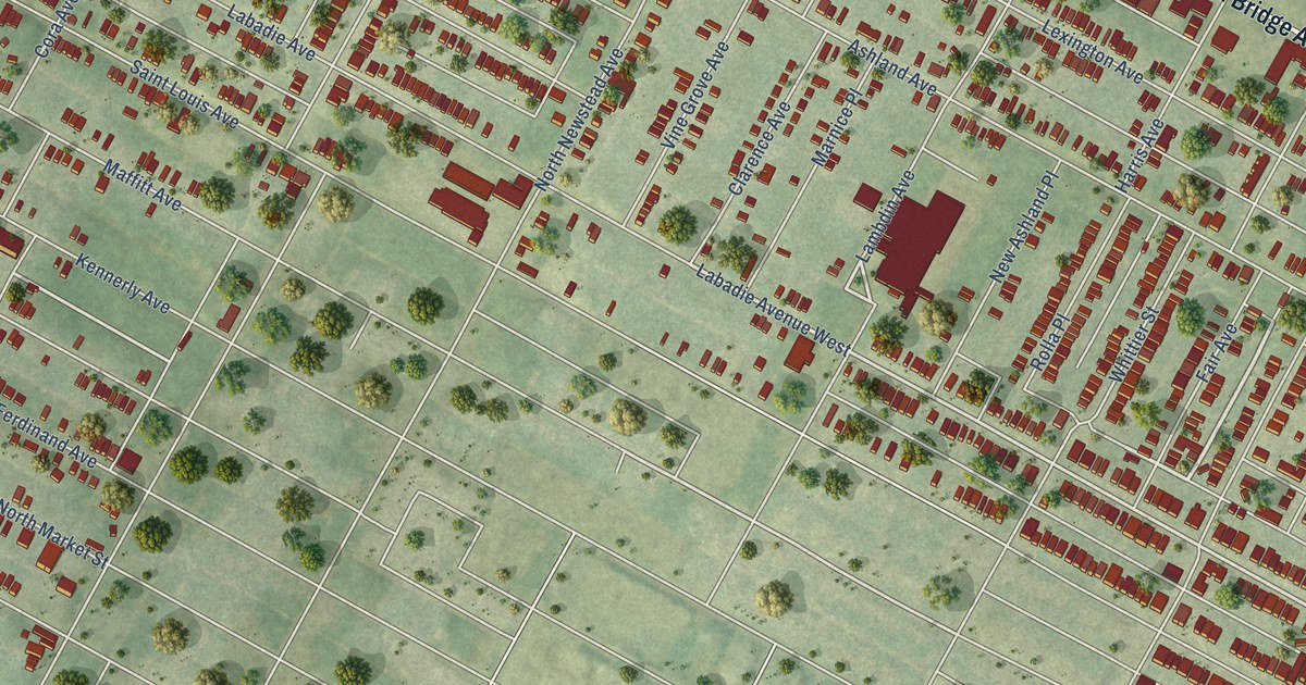 Close-up of streets and buildings in Greater Ville, Missouri