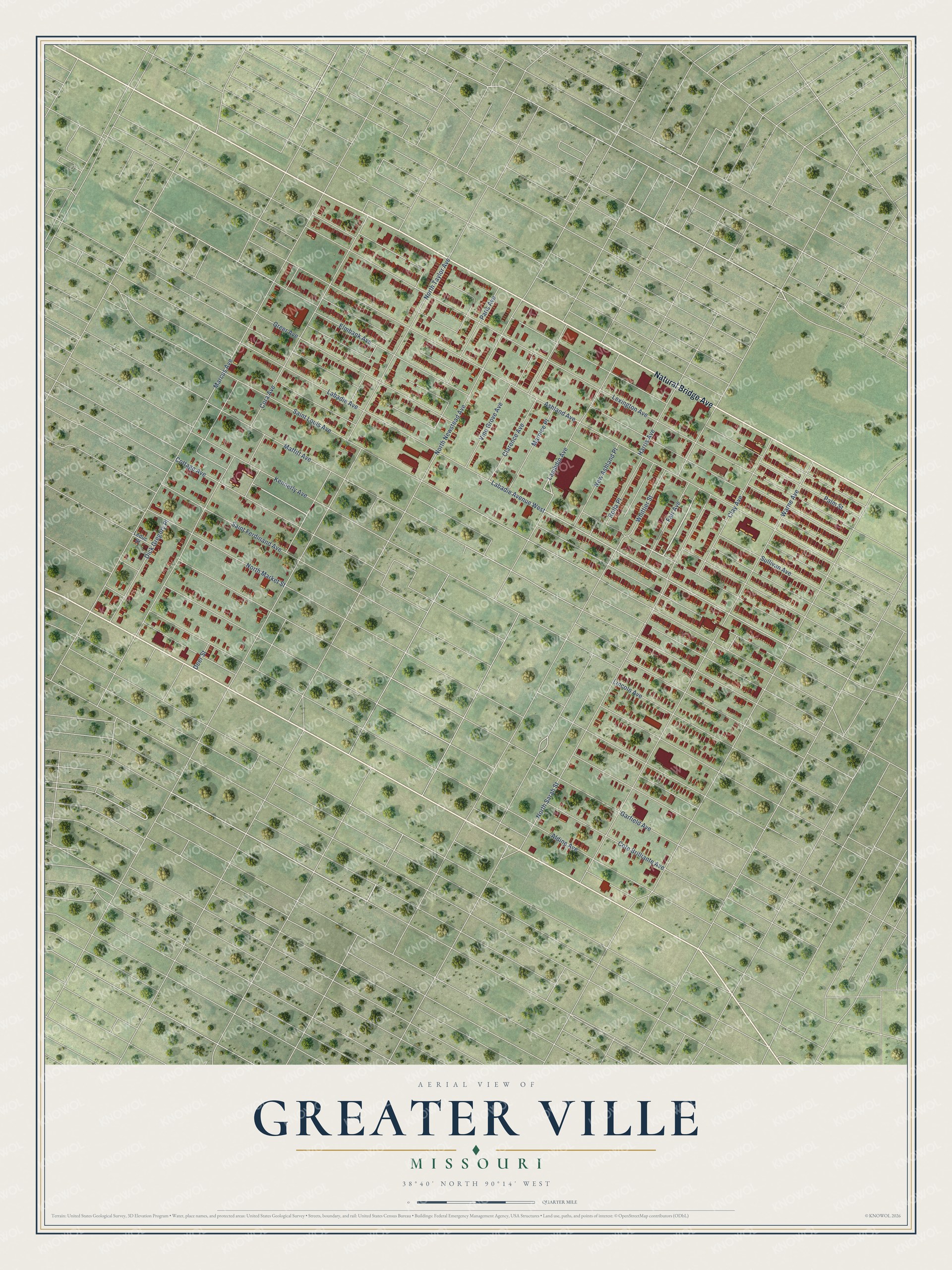 Full map of Greater Ville, Missouri, with red buildings, printed street names and the land around them
