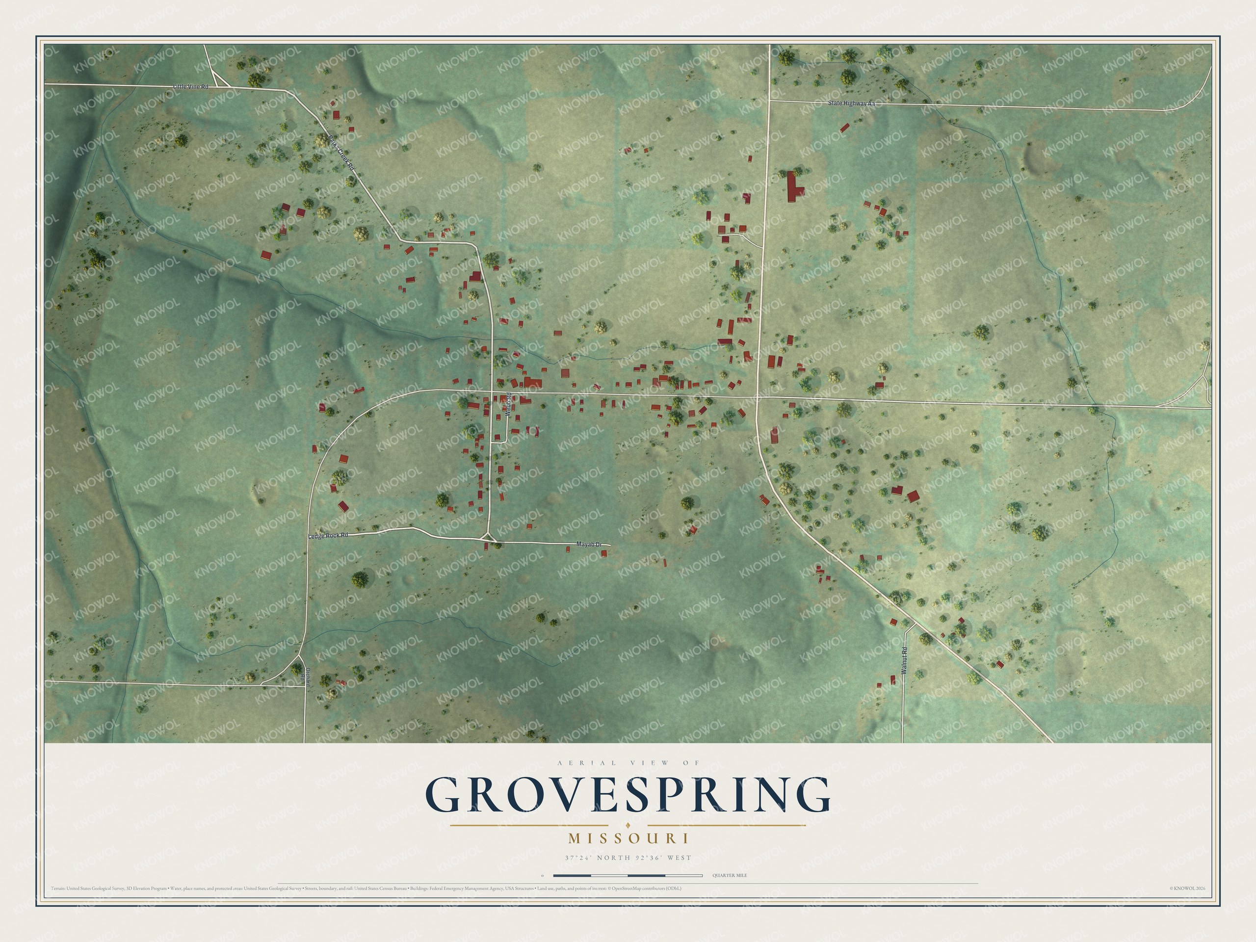 Full map of Grovespring, Missouri, with red buildings, printed street names and the land around them
