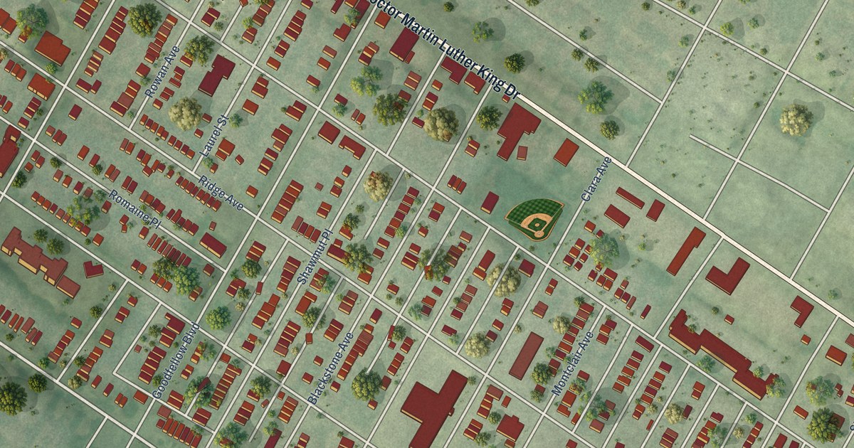 Close-up of streets and buildings in Hamilton Heights, Missouri