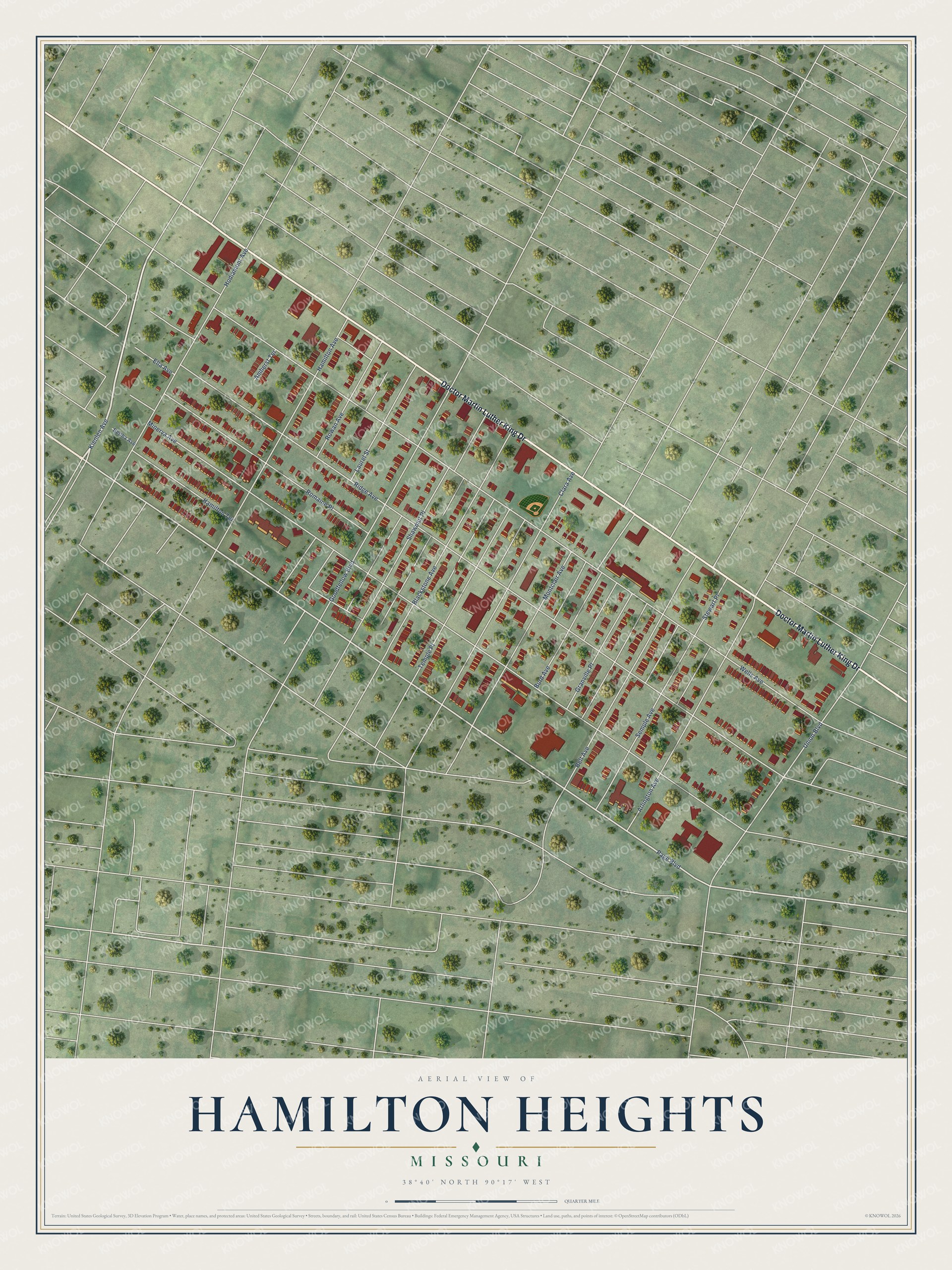 Full map of Hamilton Heights, Missouri, with red buildings, printed street names and the land around them