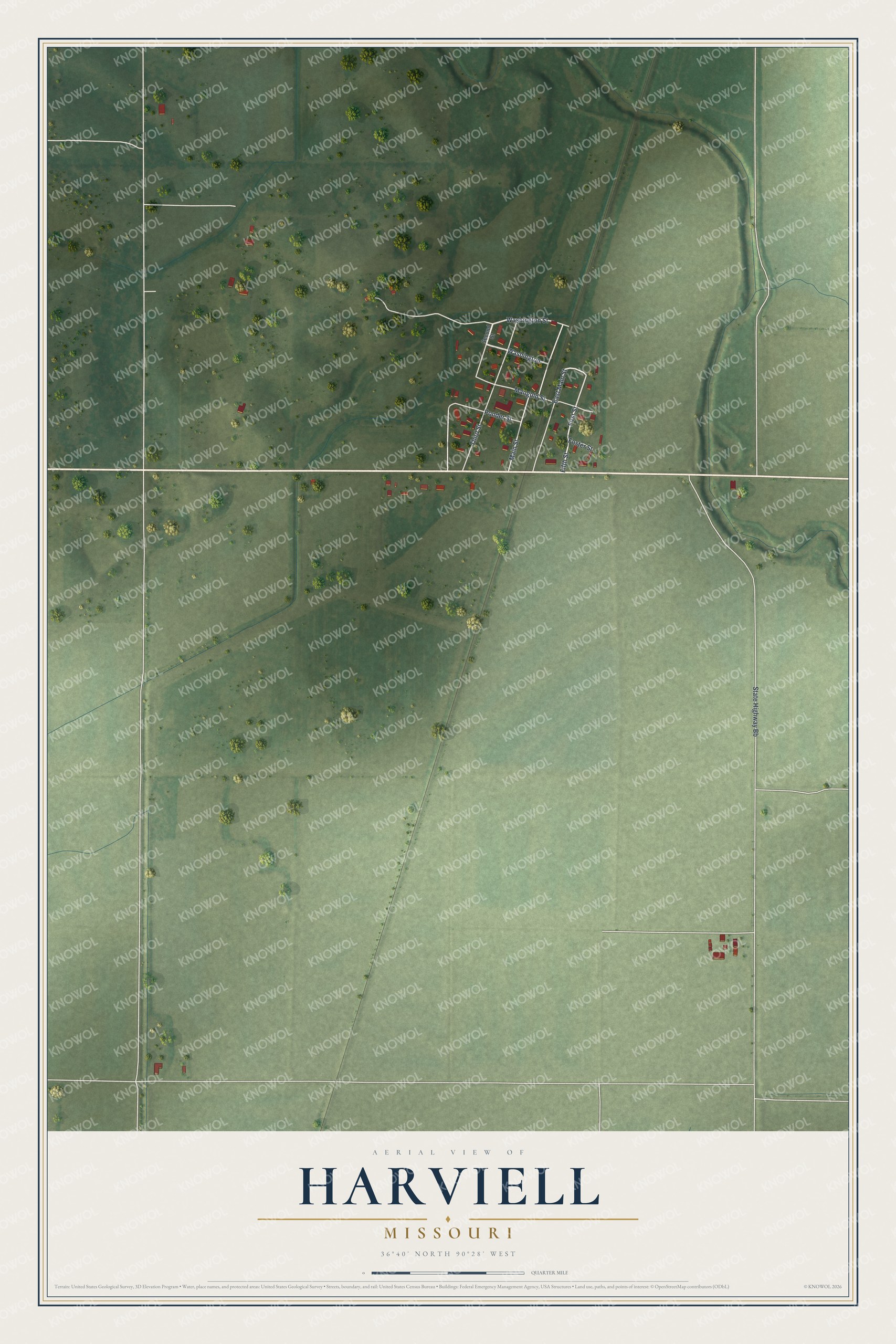 Full map of Harviell, Missouri, with red buildings, printed street names and the land around them
