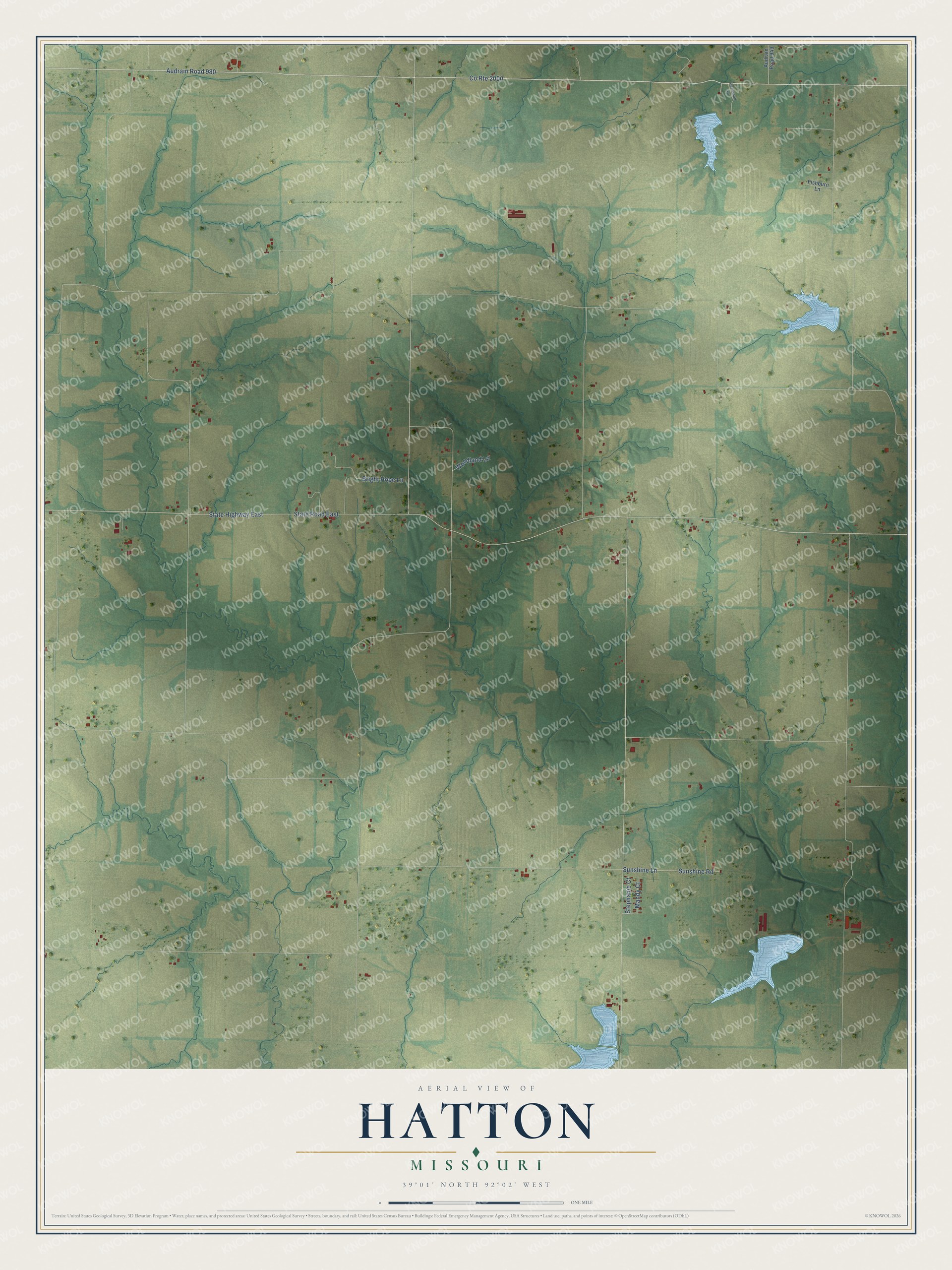 Full map of Hatton, Missouri, with red buildings, printed street names and the land around them