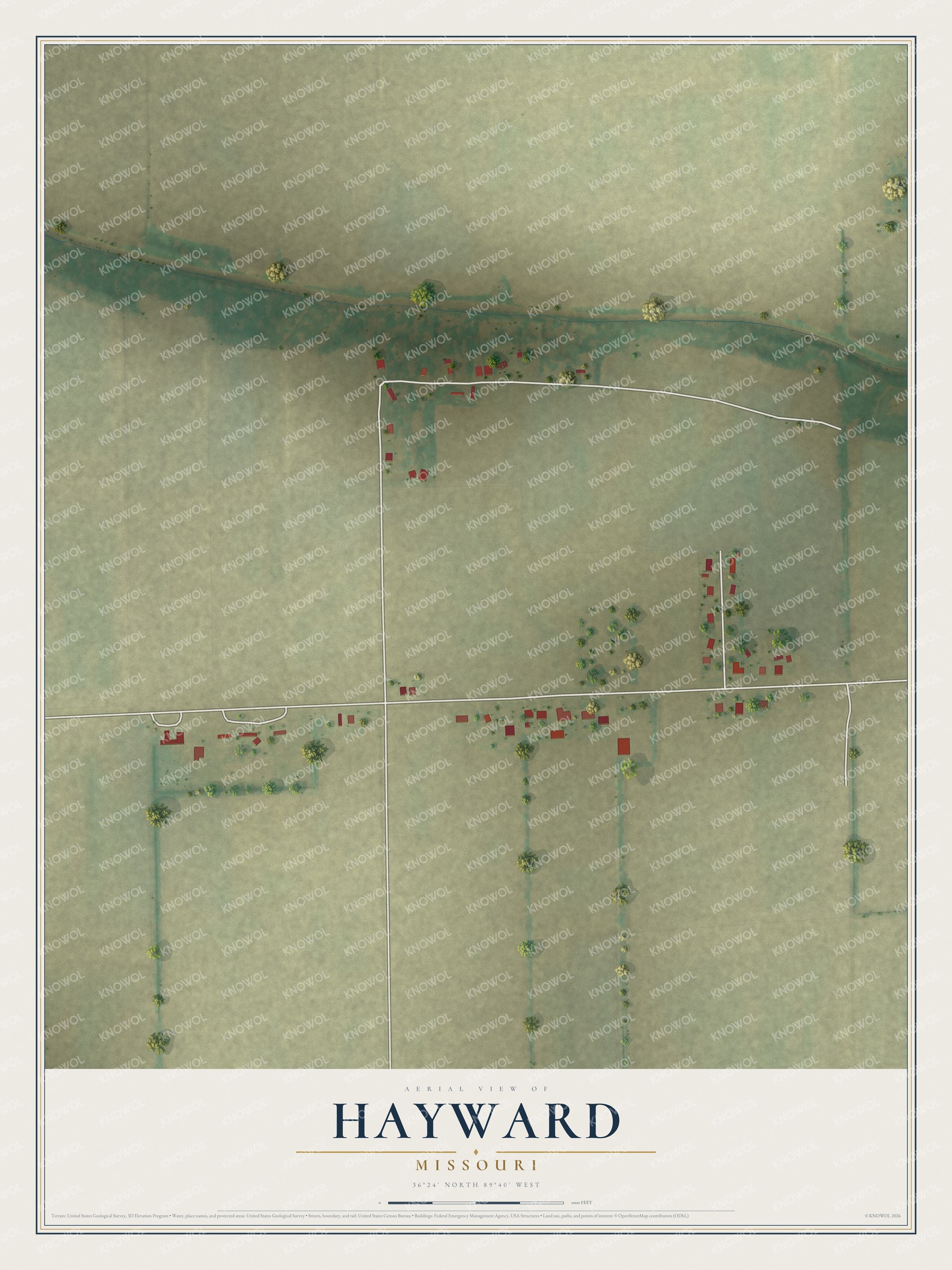 Full map of Hayward, Missouri, with red buildings, printed street names and the land around them