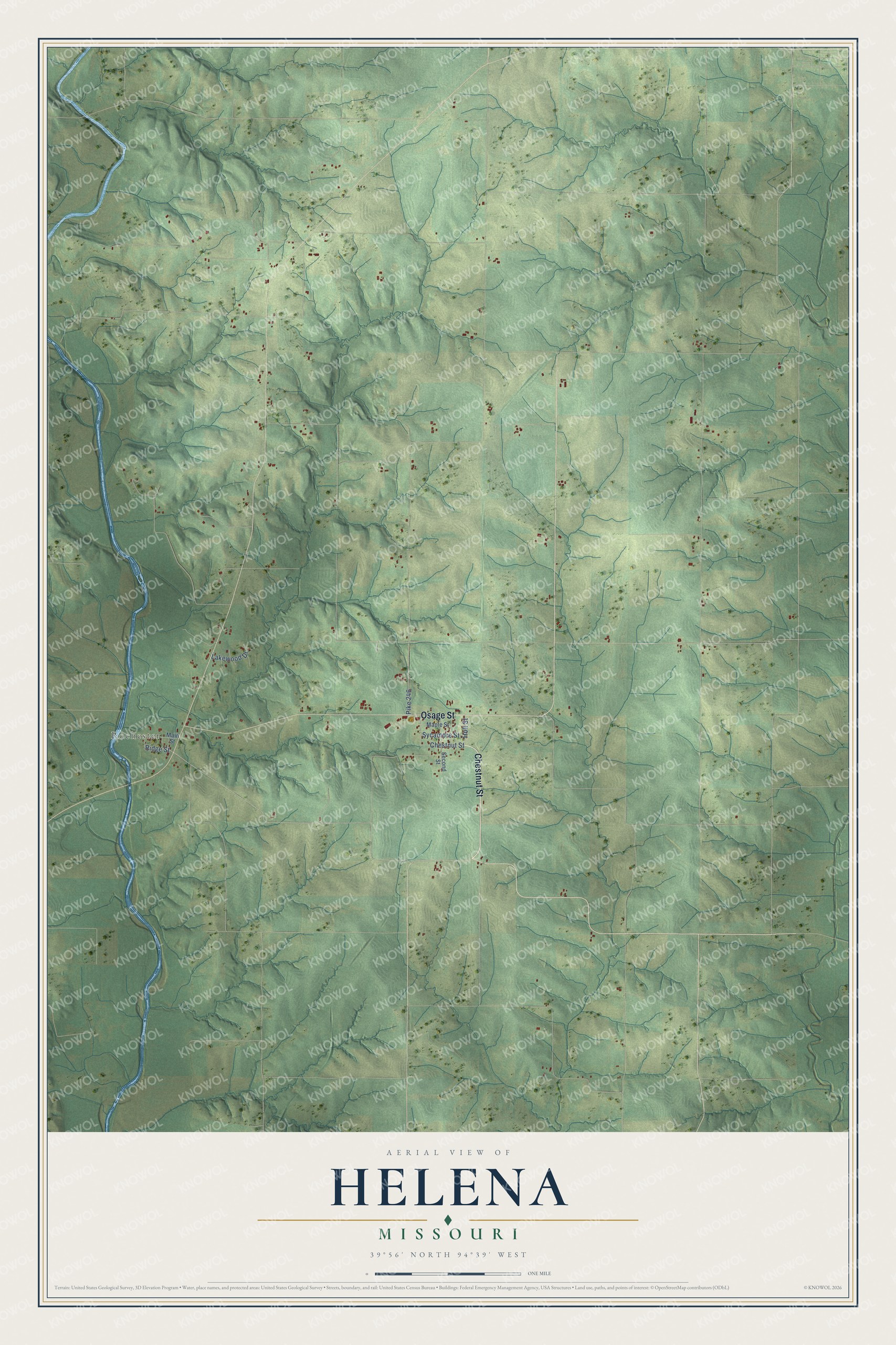 Full map of Helena, Missouri, with red buildings, printed street names and the land around them