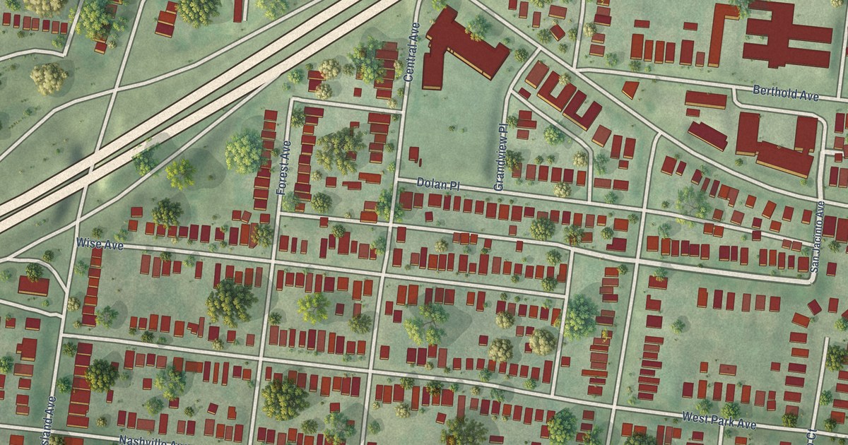 Close-up of streets and buildings in Hi-Pointe, Missouri