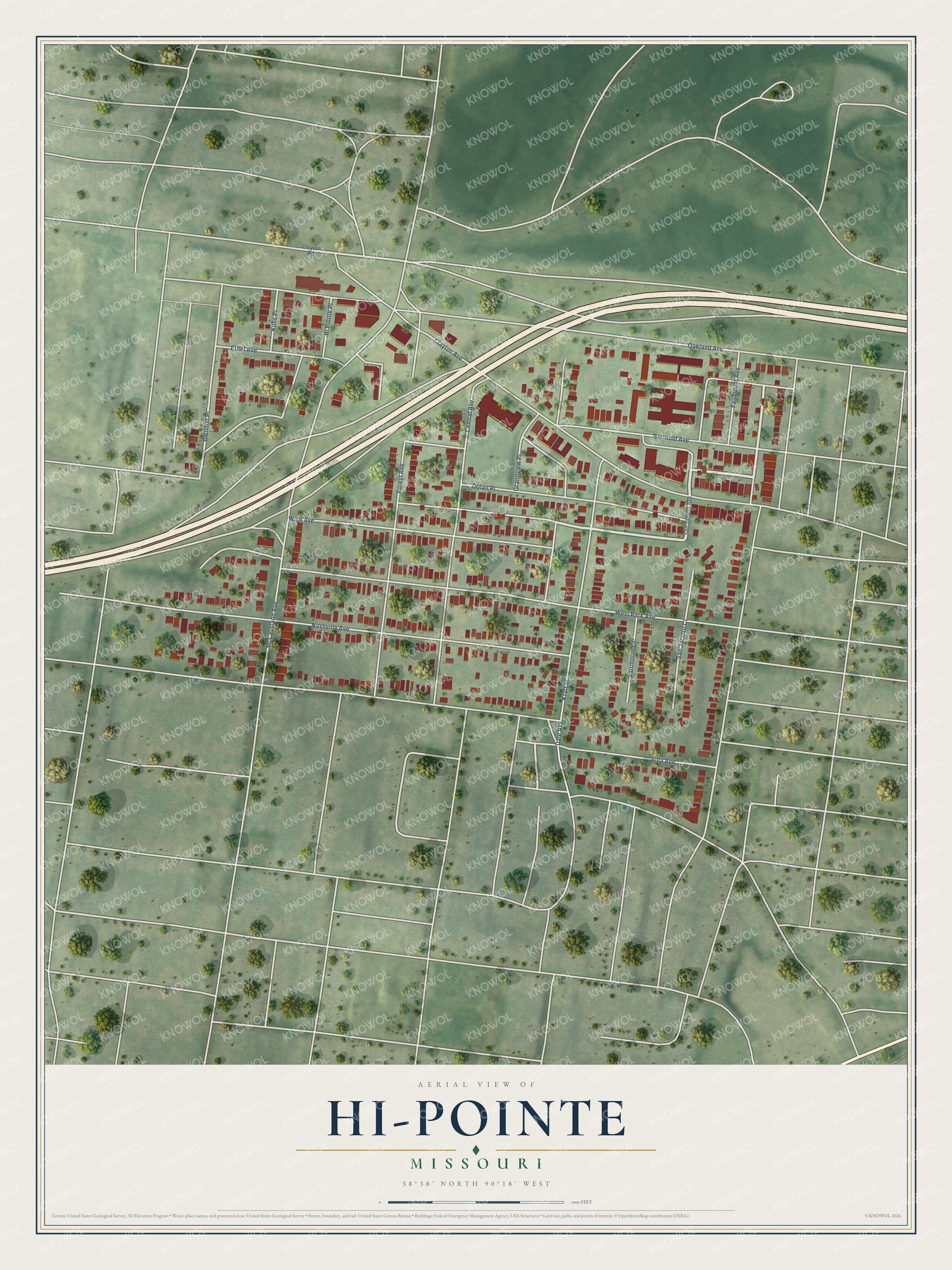 Full map of Hi-Pointe, Missouri, with red buildings, printed street names and the land around them