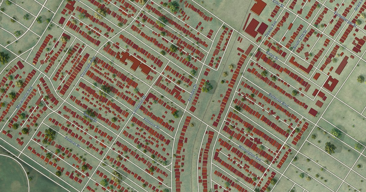 Close-up of streets and buildings in Holly Hills, Missouri