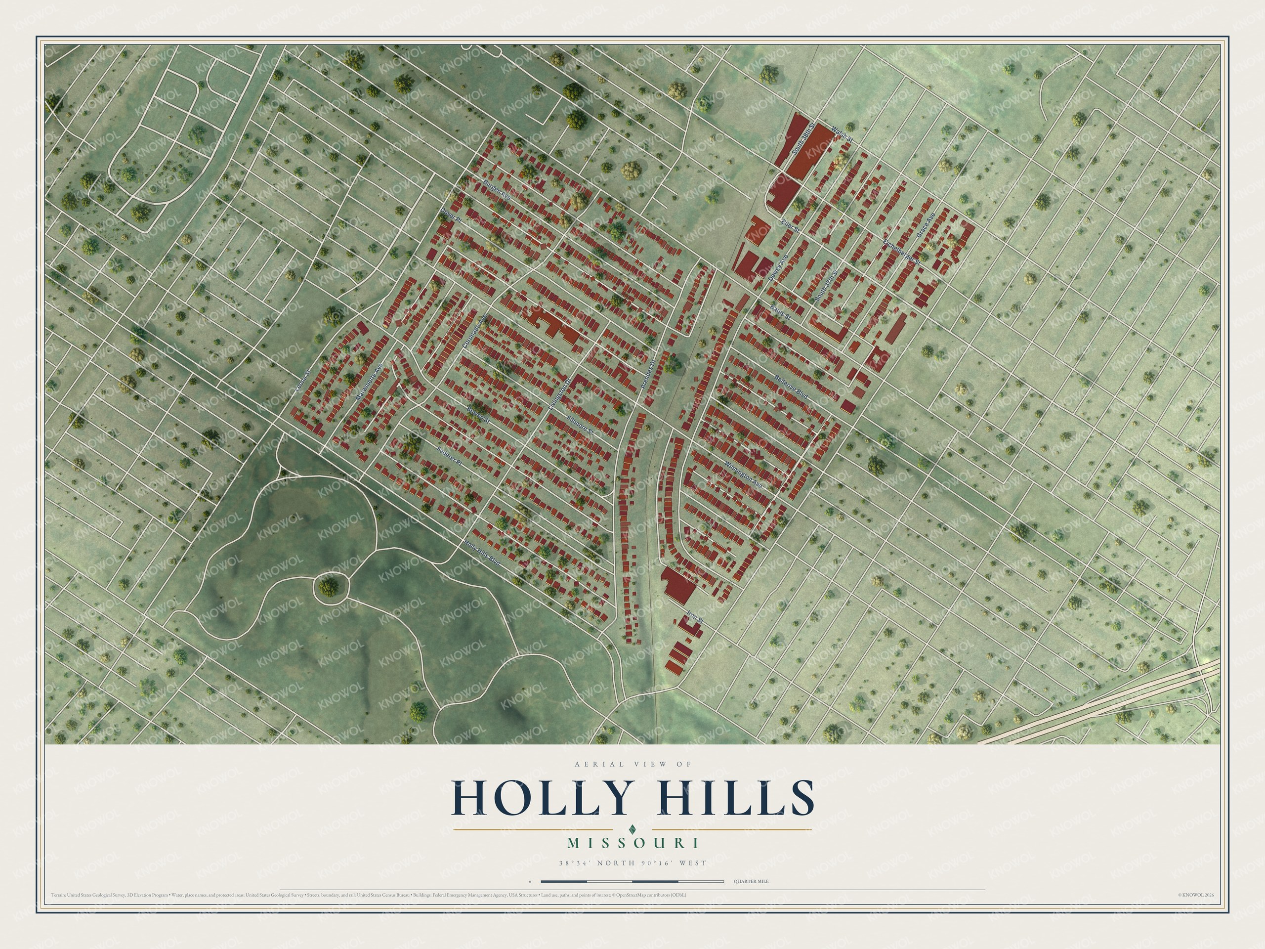 Full map of Holly Hills, Missouri, with red buildings, printed street names and the land around them