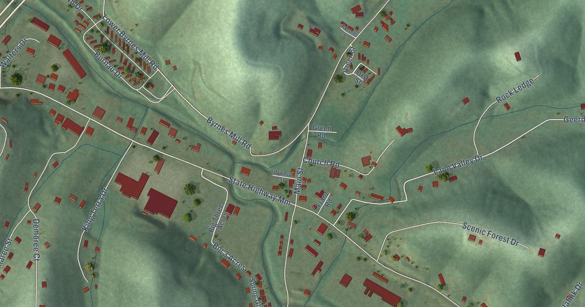 Close-up of streets and buildings in House Springs, Missouri