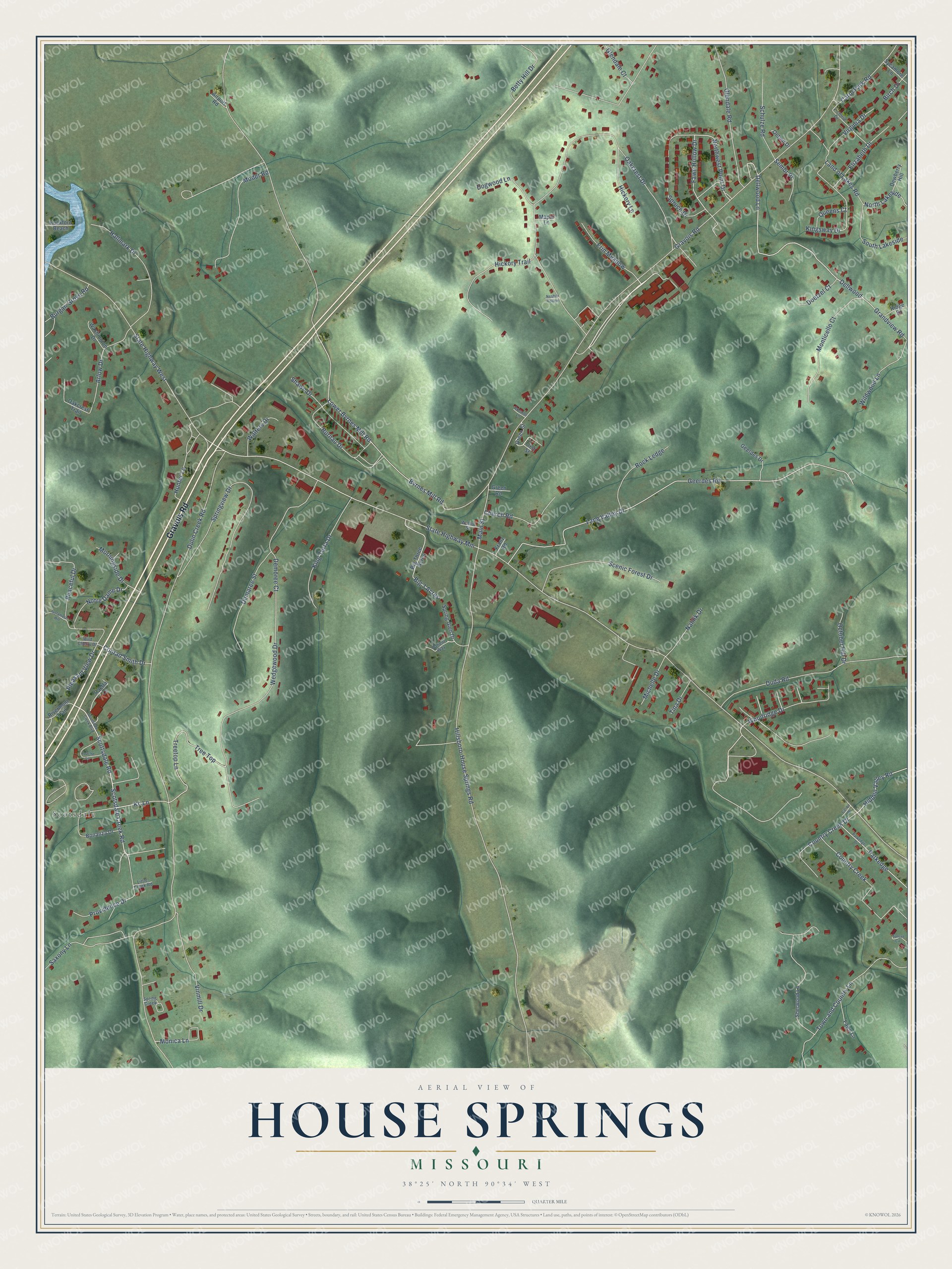Full map of House Springs, Missouri, with red buildings, printed street names and the land around them