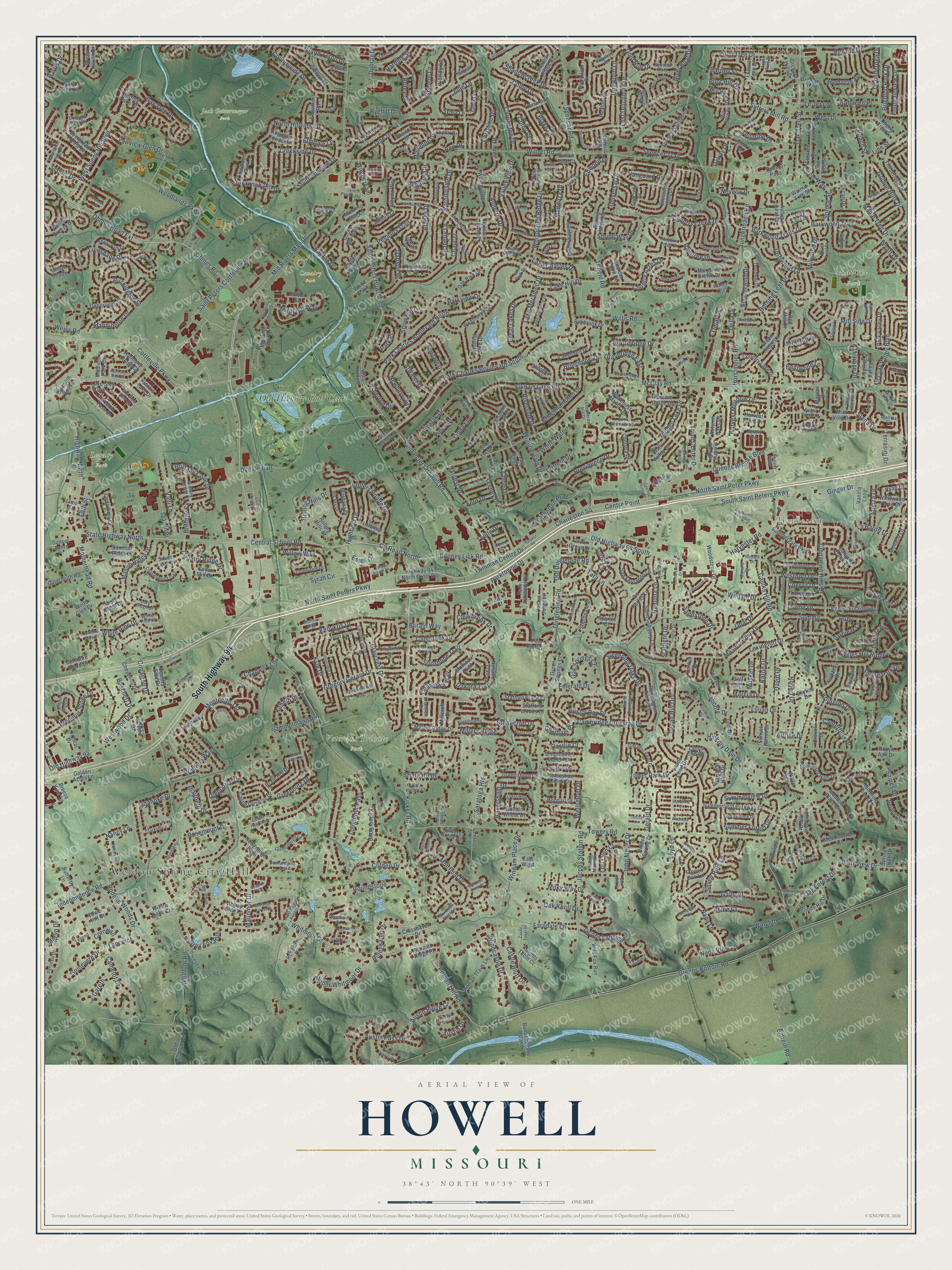 Full map of Howell, Missouri, with red buildings, printed street names and the land around them