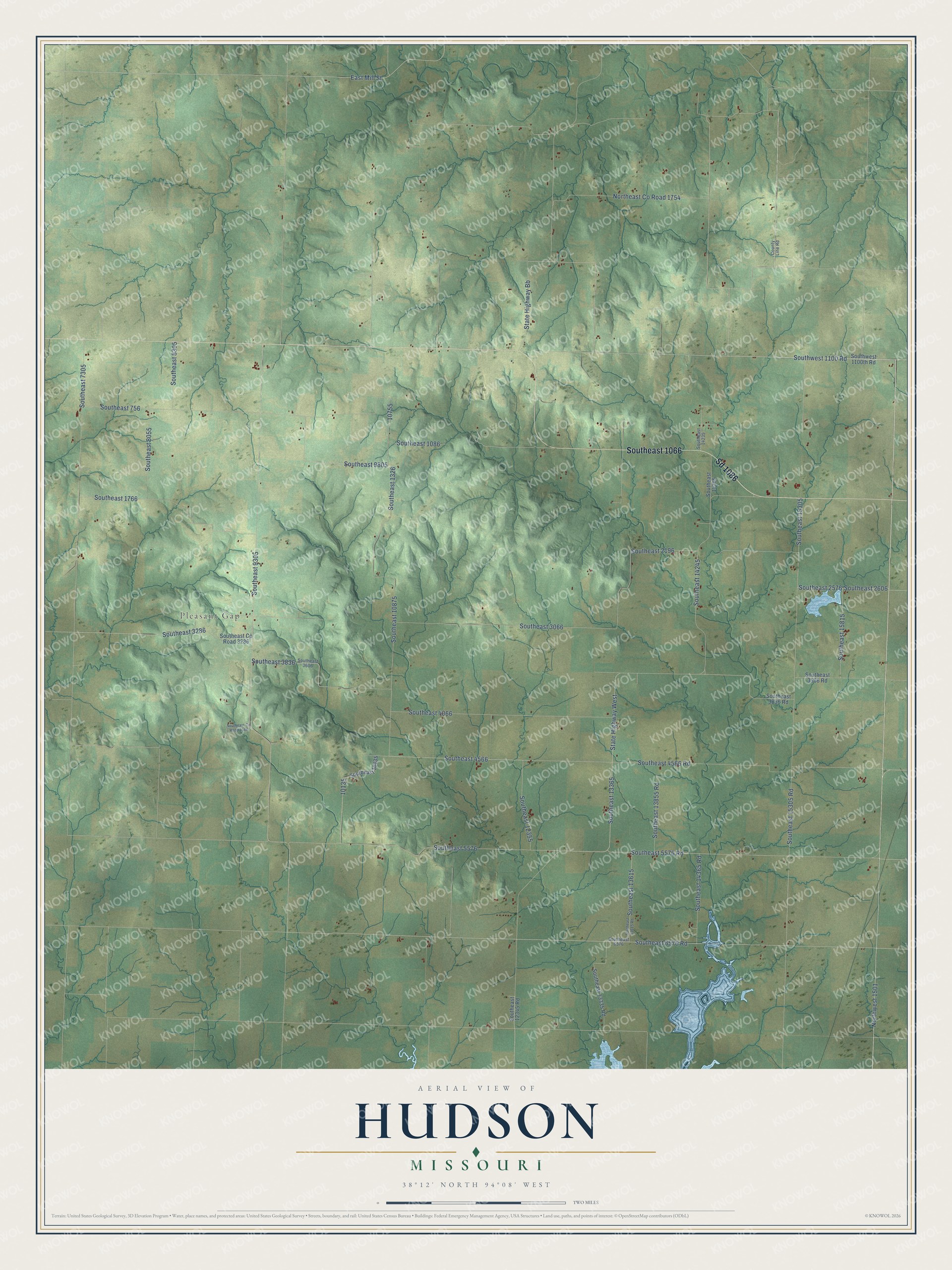 Full map of Hudson, Missouri, with red buildings, printed street names and the land around them
