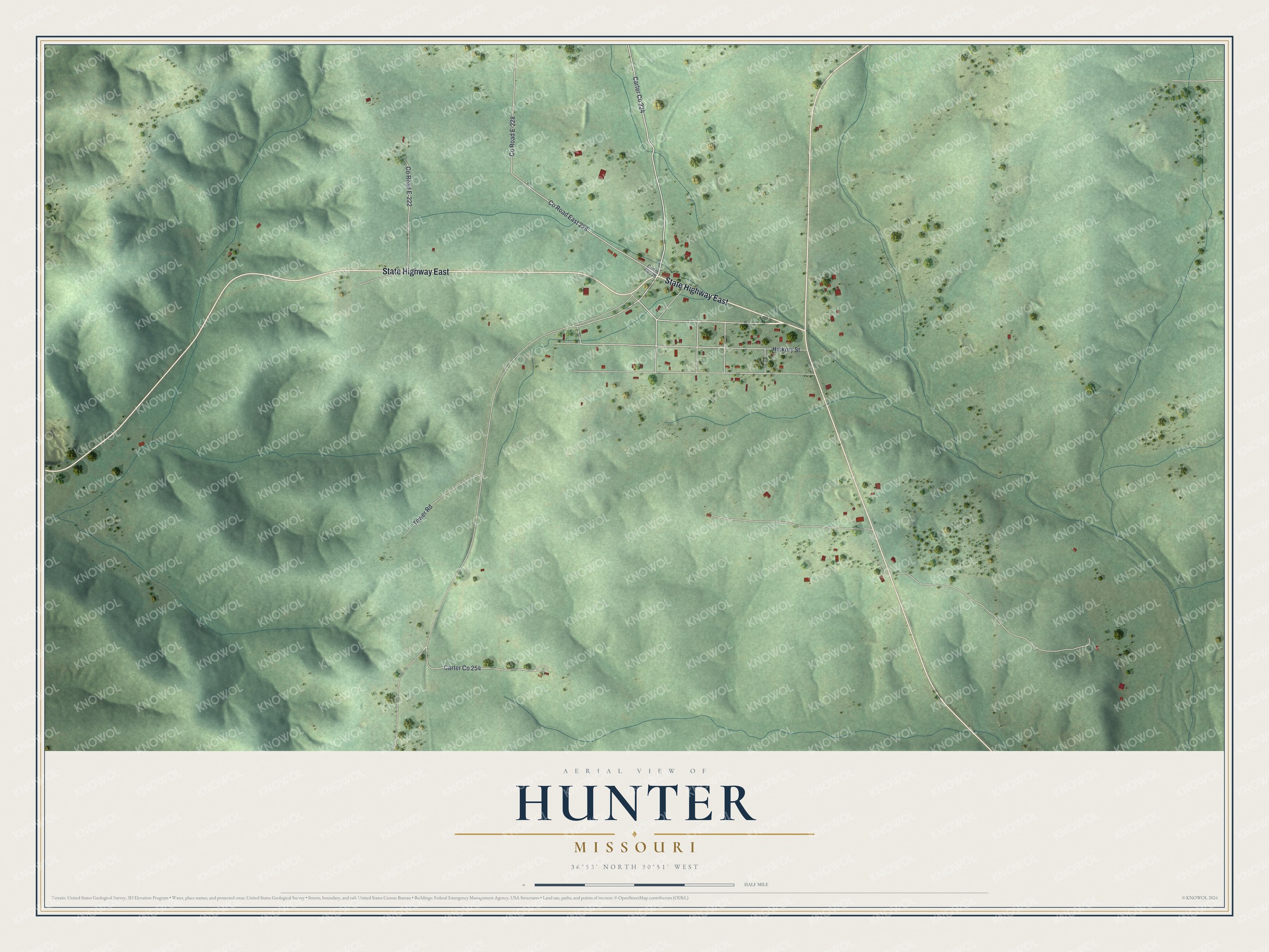 Full map of Hunter, Missouri, with red buildings, printed street names and the land around them