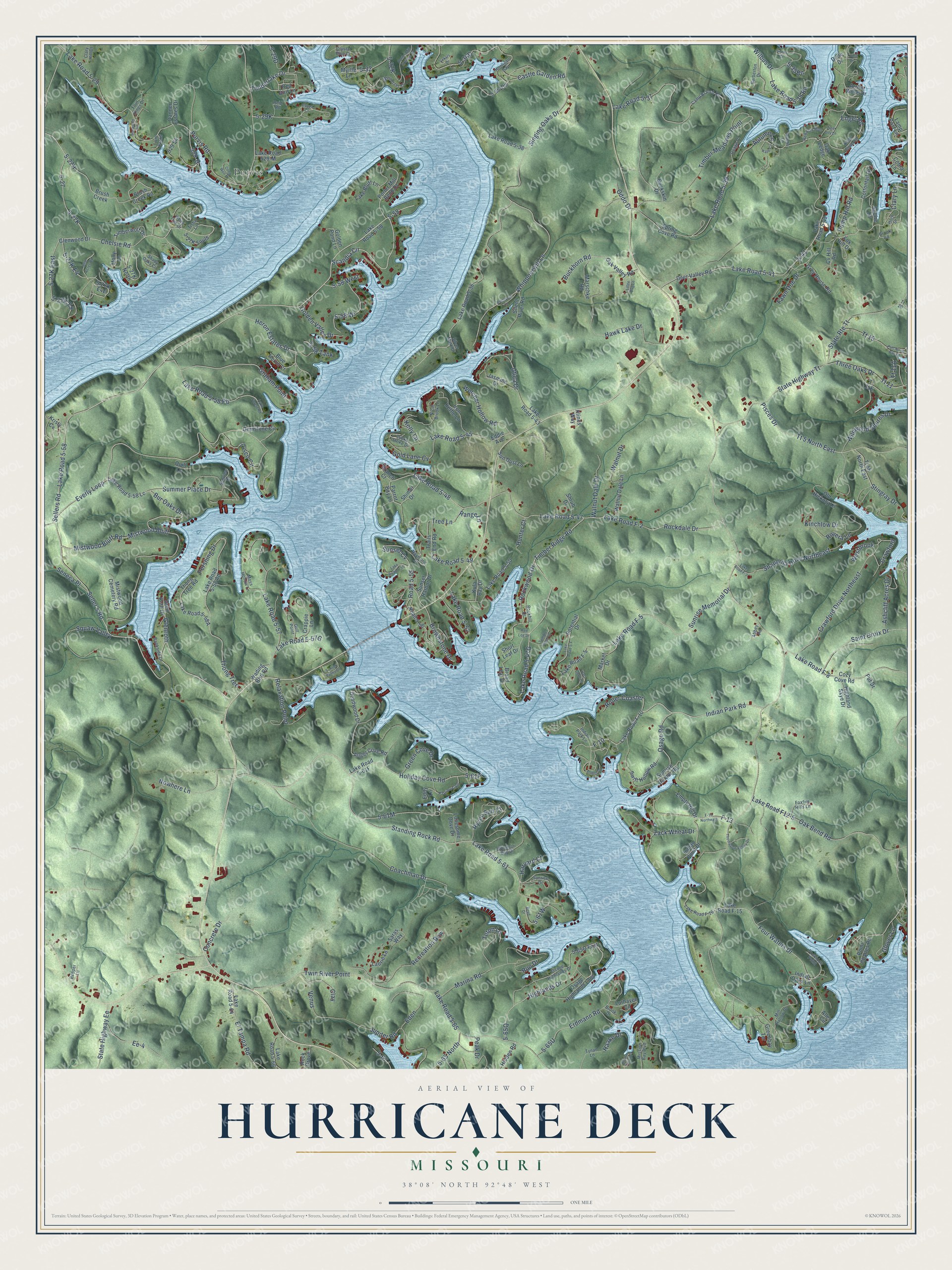 Full map of Hurricane Deck, Missouri, with red buildings, printed street names and the land around them