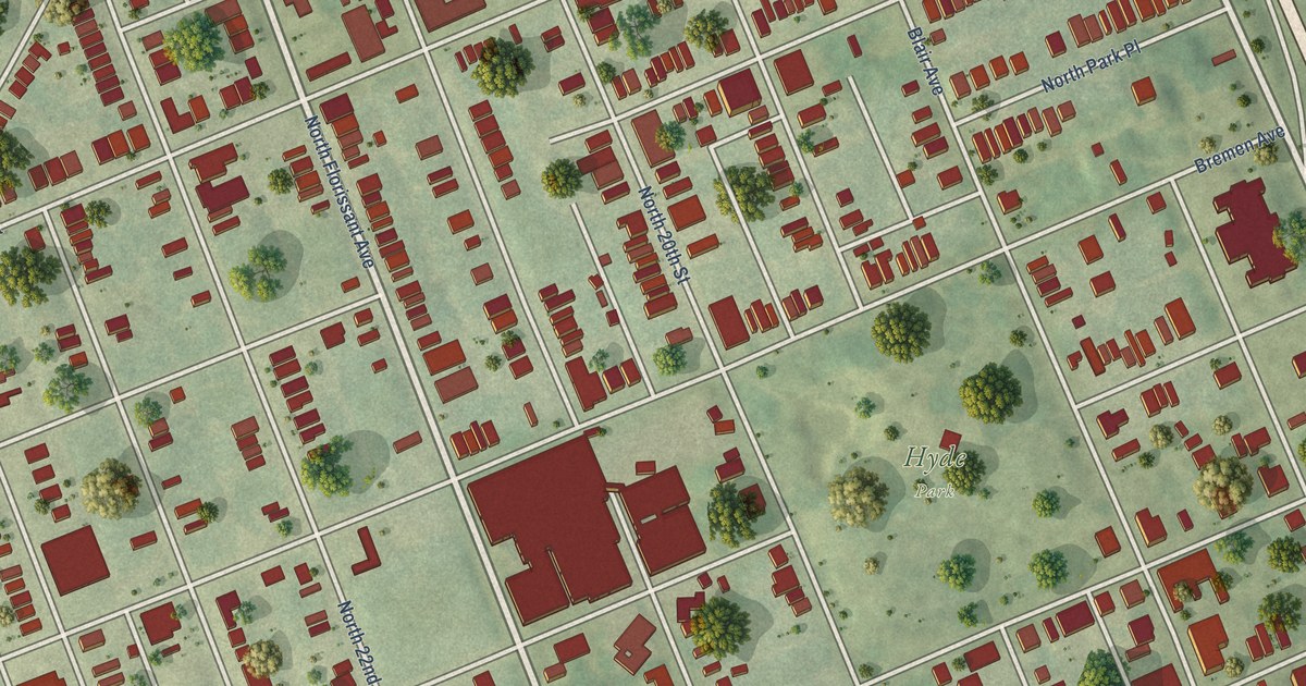 Close-up of streets and buildings in Hyde Park, Missouri
