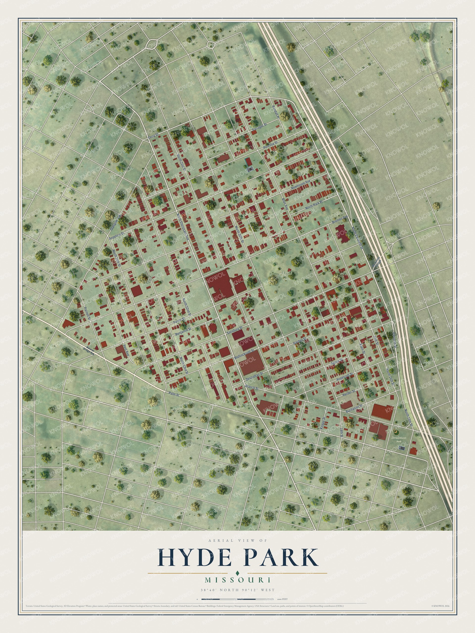 Full map of Hyde Park, Missouri, with red buildings, printed street names and the land around them