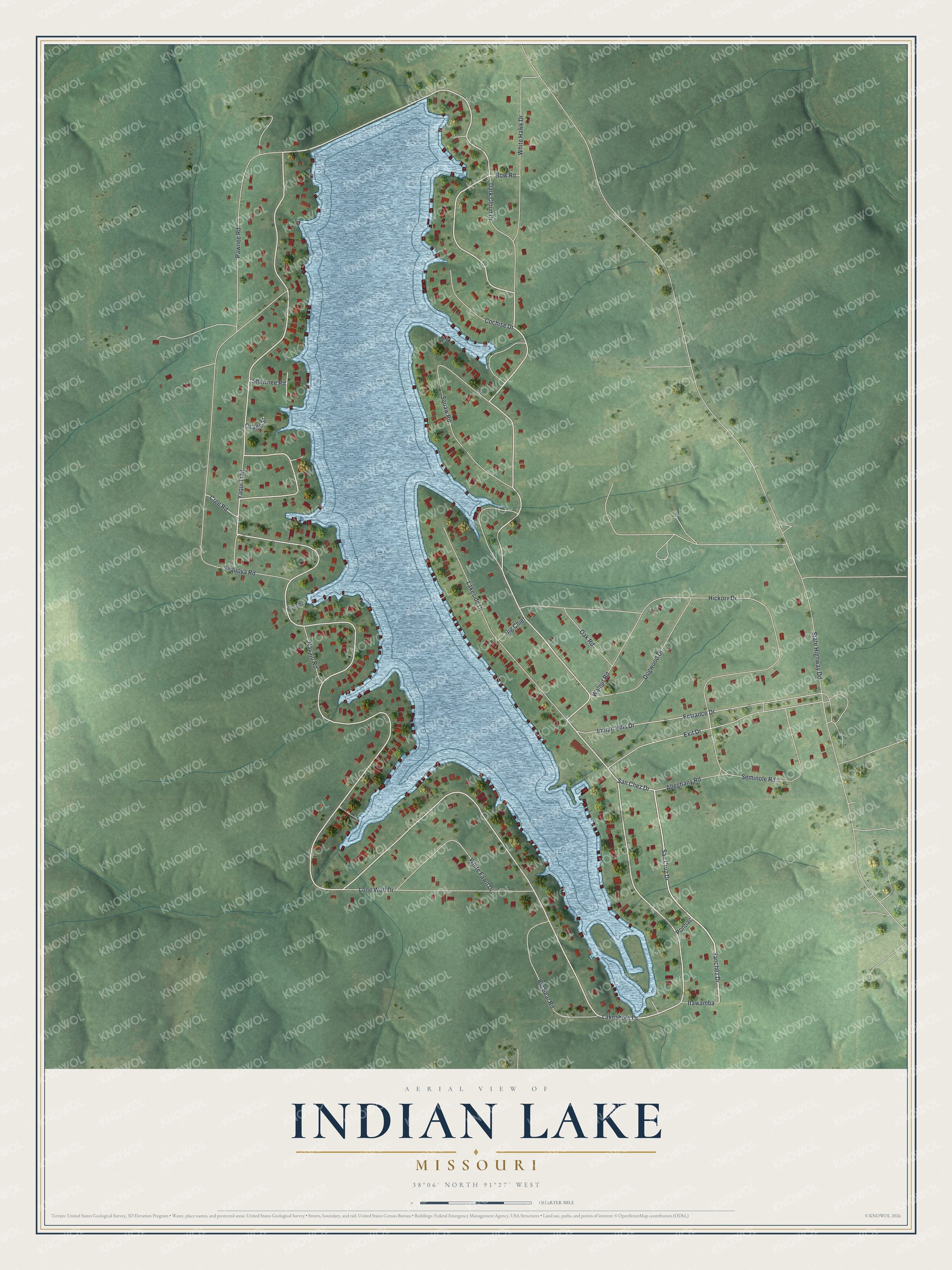 Full map of Indian Lake, Missouri, with red buildings, printed street names and the land around them