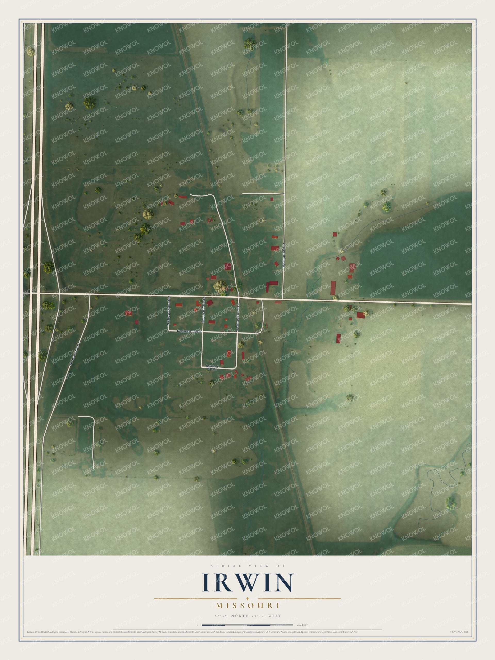 Full map of Irwin, Missouri, with red buildings, printed street names and the land around them
