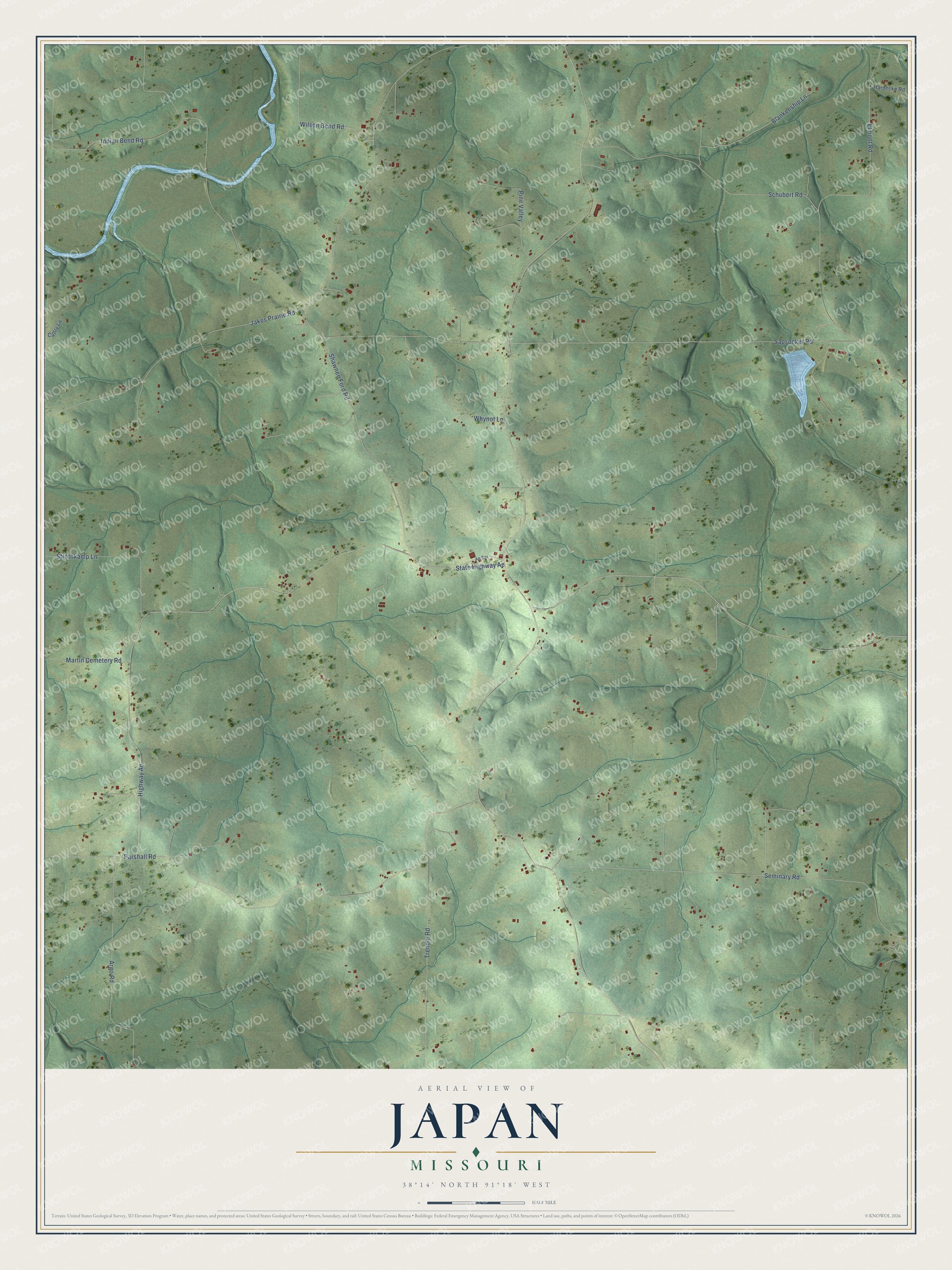 Full map of Japan, Missouri, with red buildings, printed street names and the land around them