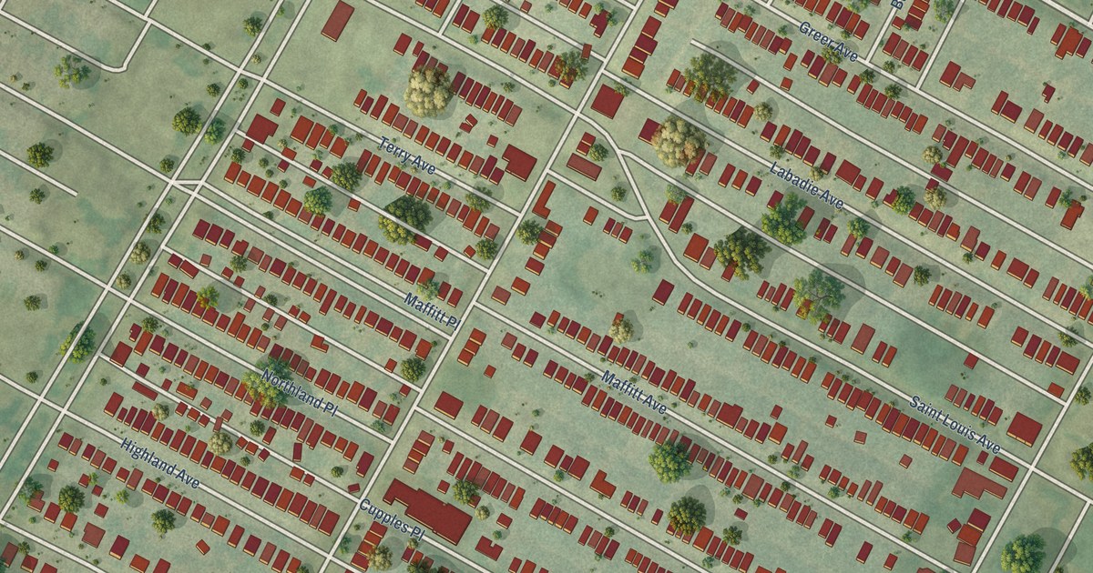 Close-up of streets and buildings in Kingsway East, Missouri