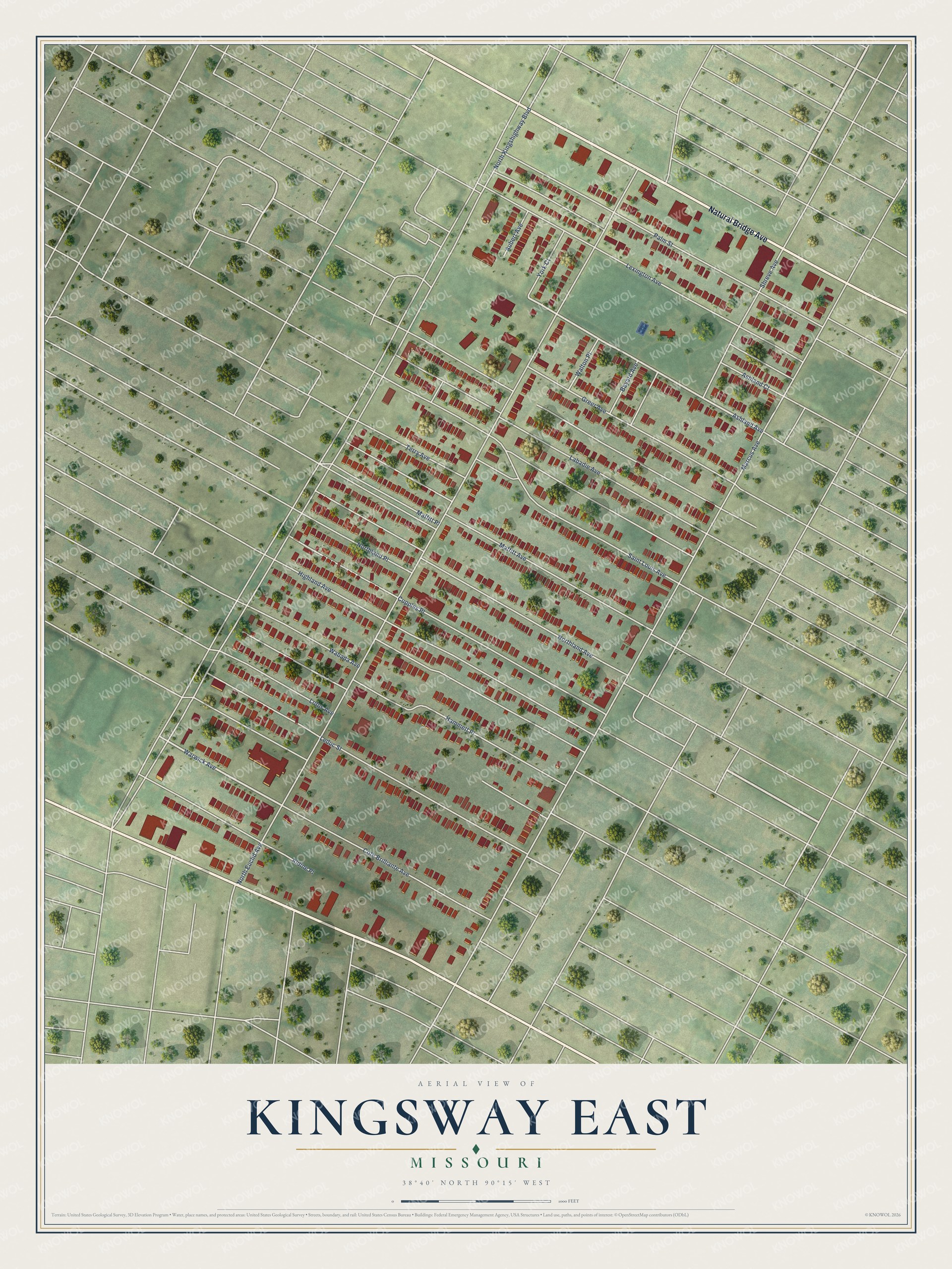 Full map of Kingsway East, Missouri, with red buildings, printed street names and the land around them