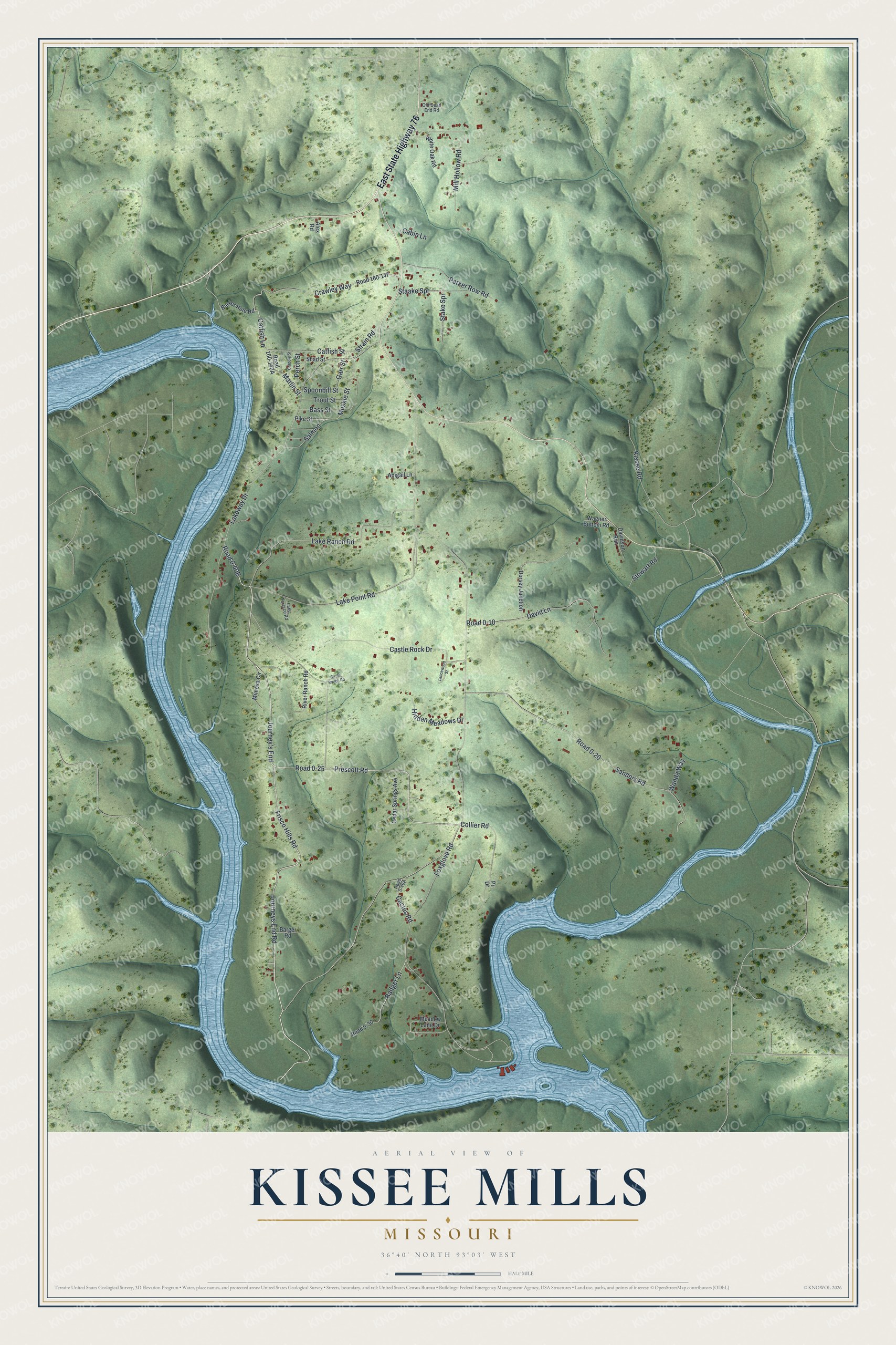 Full map of Kissee Mills, Missouri, with red buildings, printed street names and the land around them