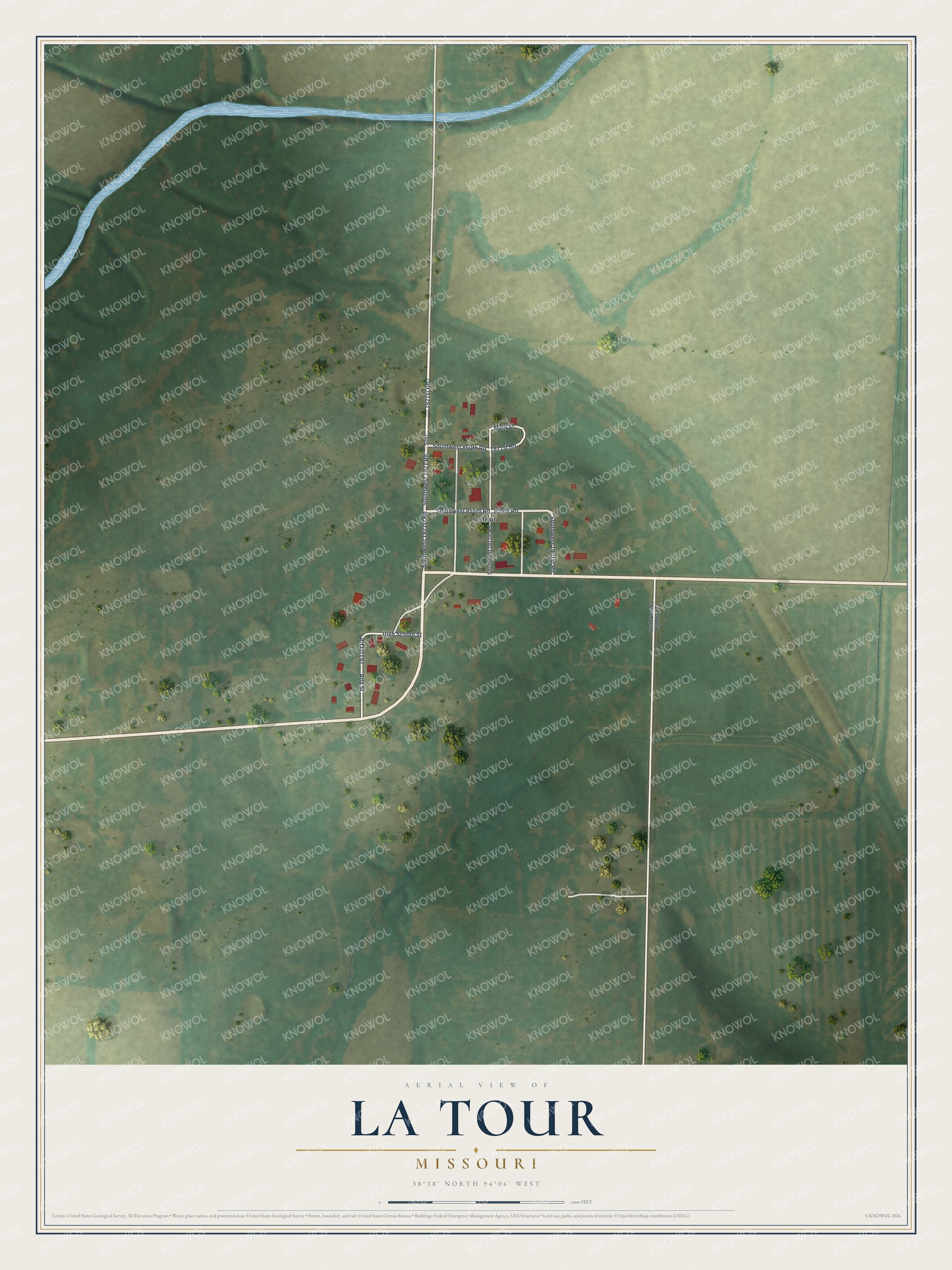 Full map of La Tour, Missouri, with red buildings, printed street names and the land around them