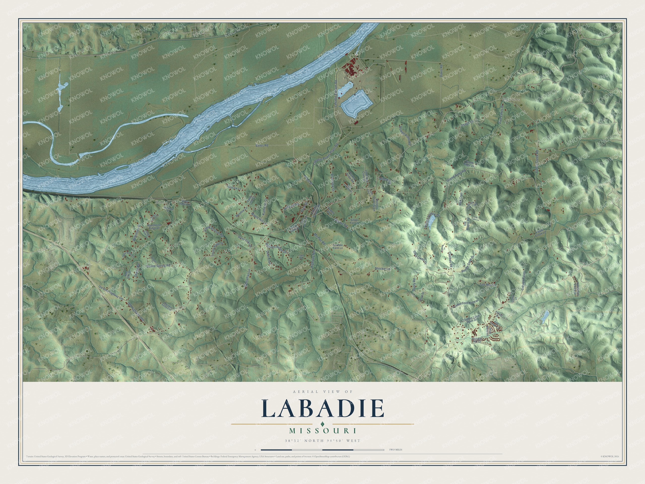 Full map of Labadie, Missouri, with red buildings, printed street names and the land around them