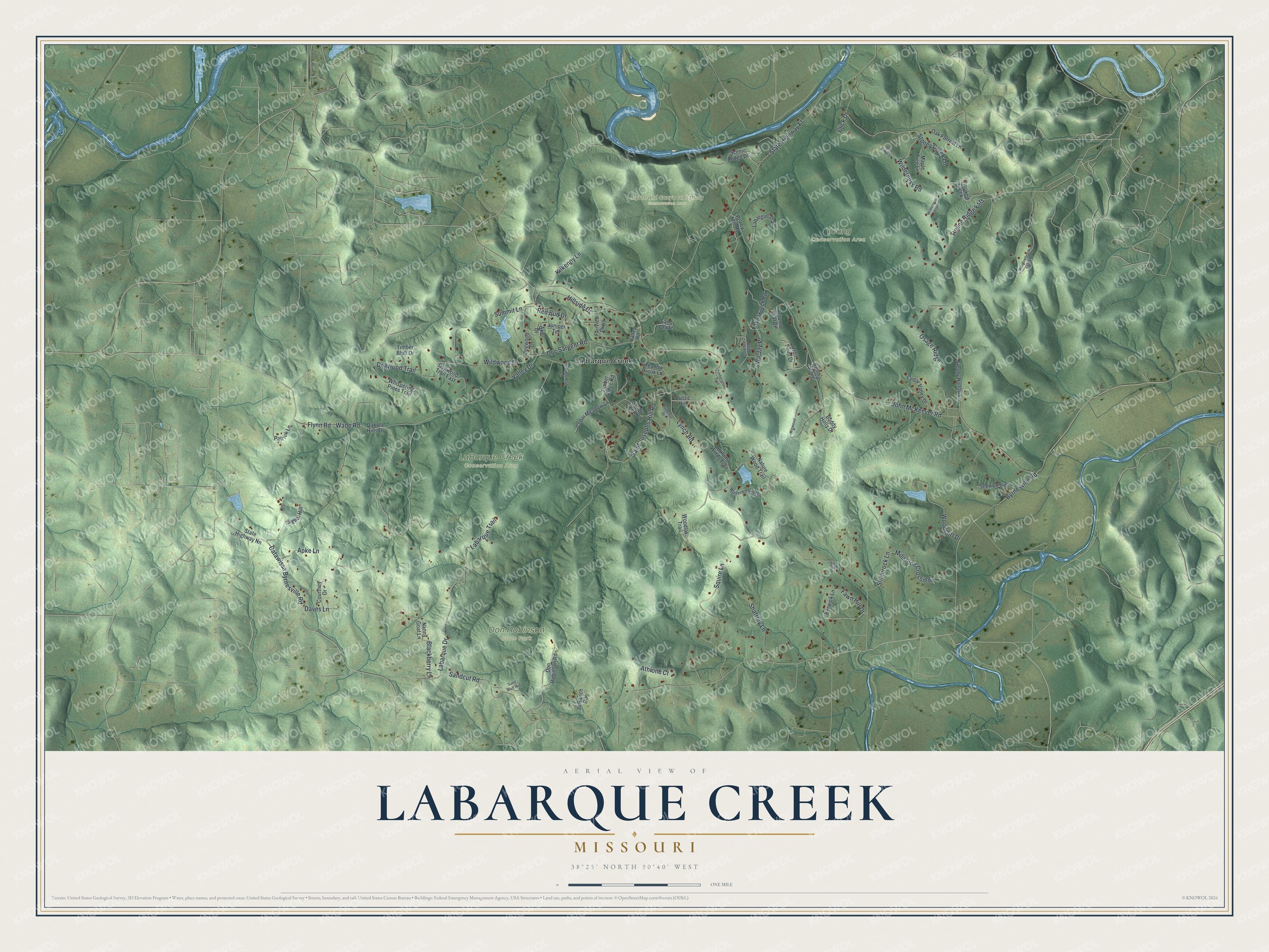 Full map of LaBarque Creek, Missouri, with red buildings, printed street names and the land around them
