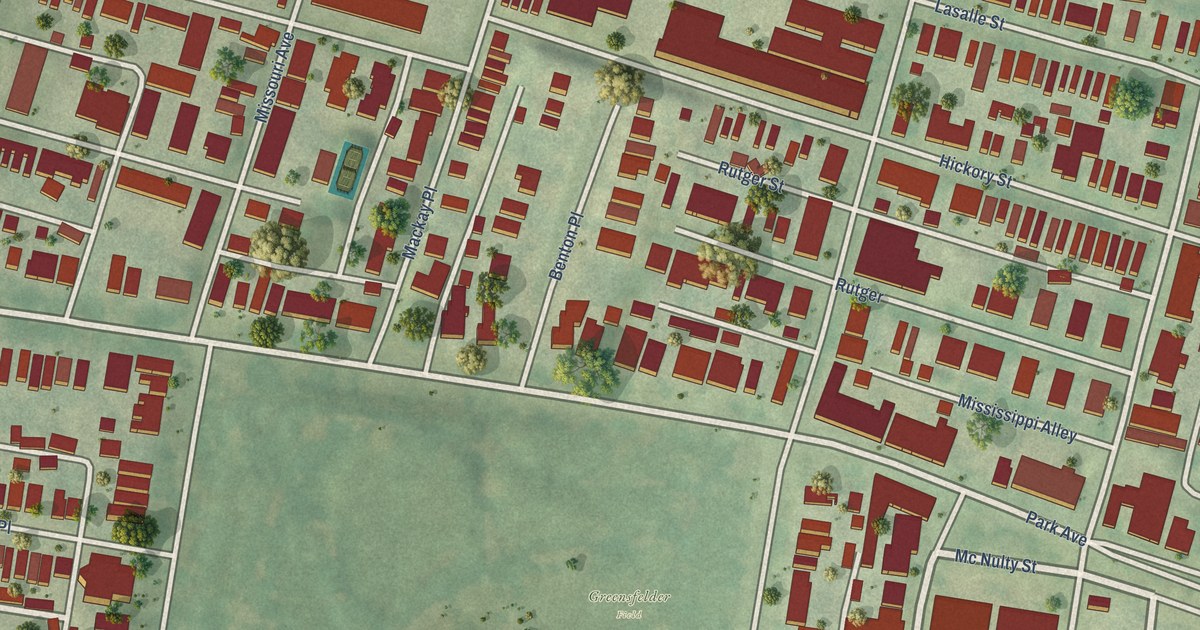 Close-up of streets and buildings in Lafayette Square, Missouri