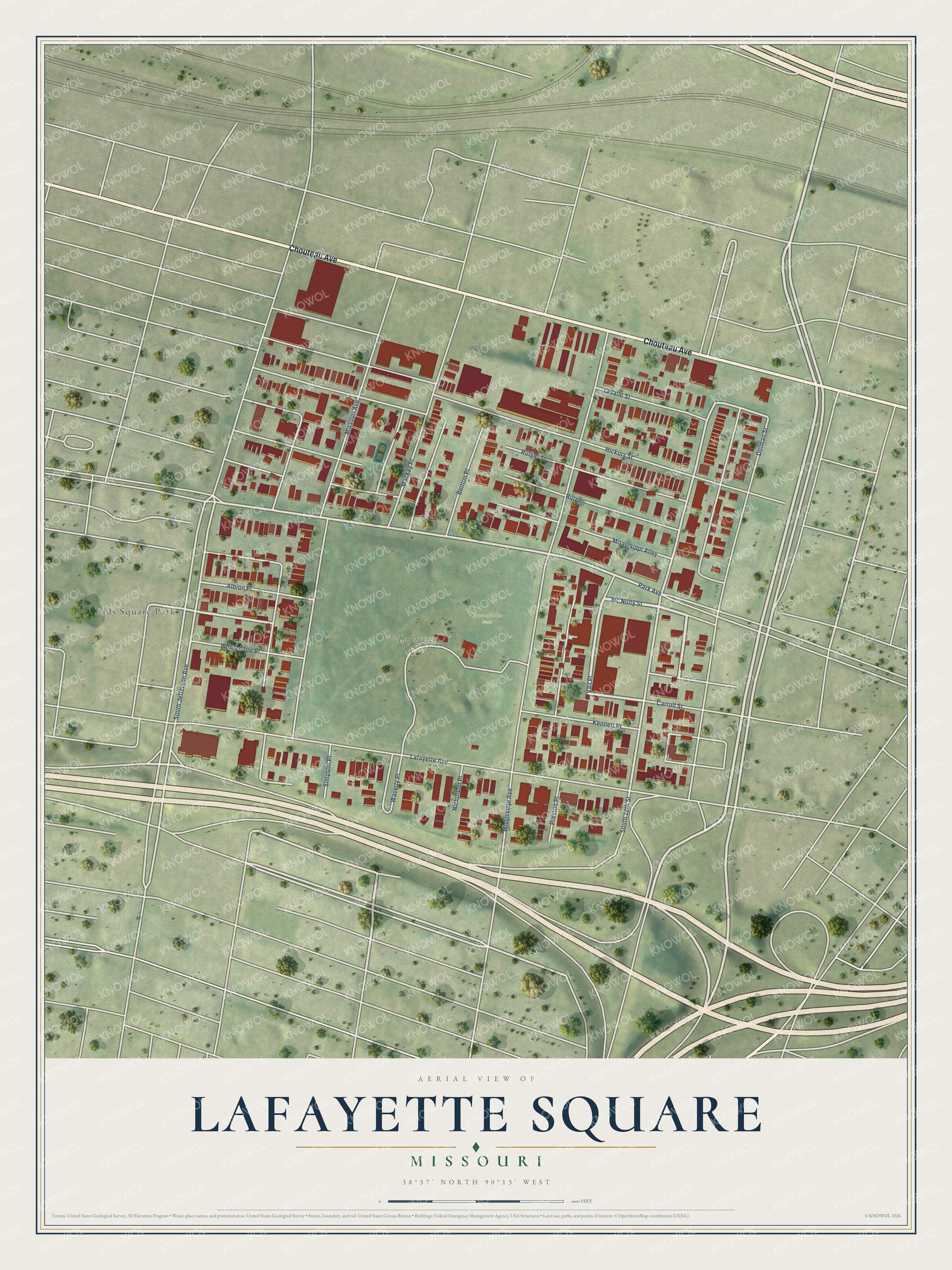 Full map of Lafayette Square, Missouri, with red buildings, printed street names and the land around them