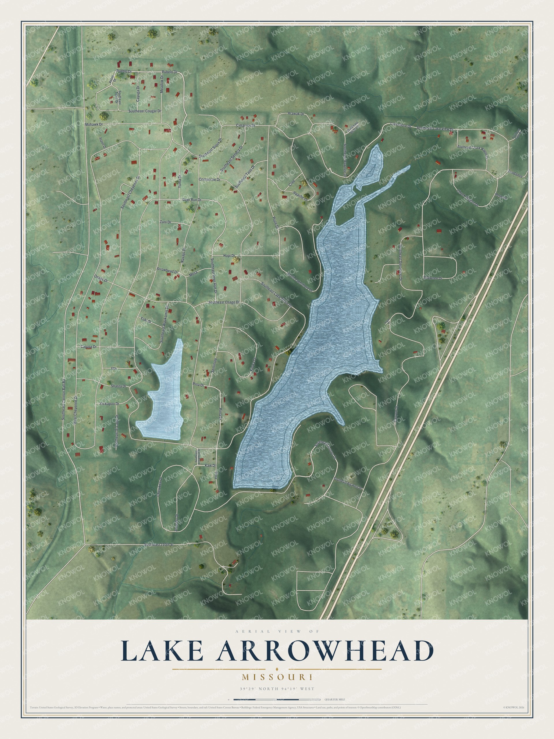 Full map of Lake Arrowhead, Missouri, with red buildings, printed street names and the land around them