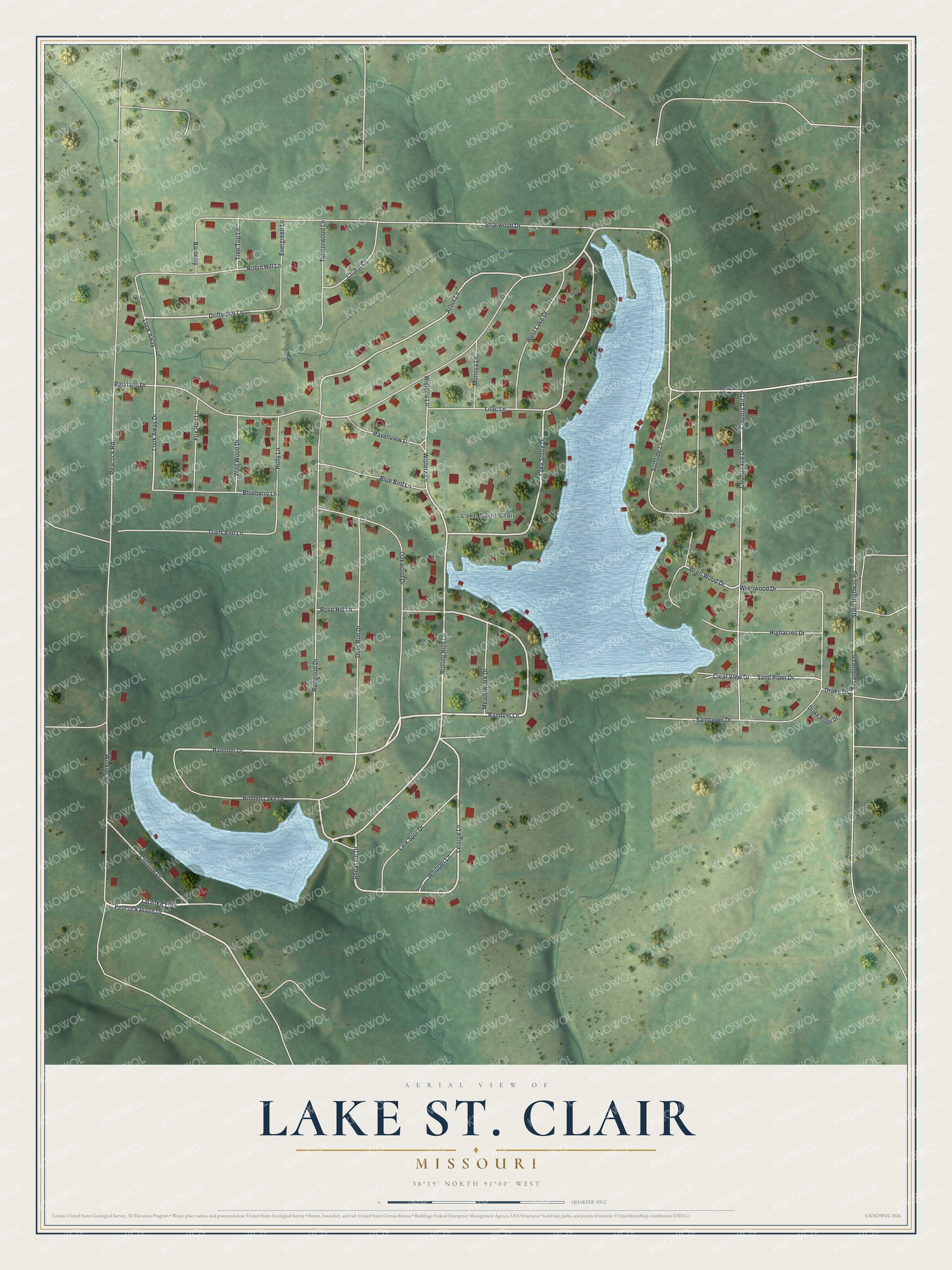Full map of Lake St. Clair, Missouri, with red buildings, printed street names and the land around them