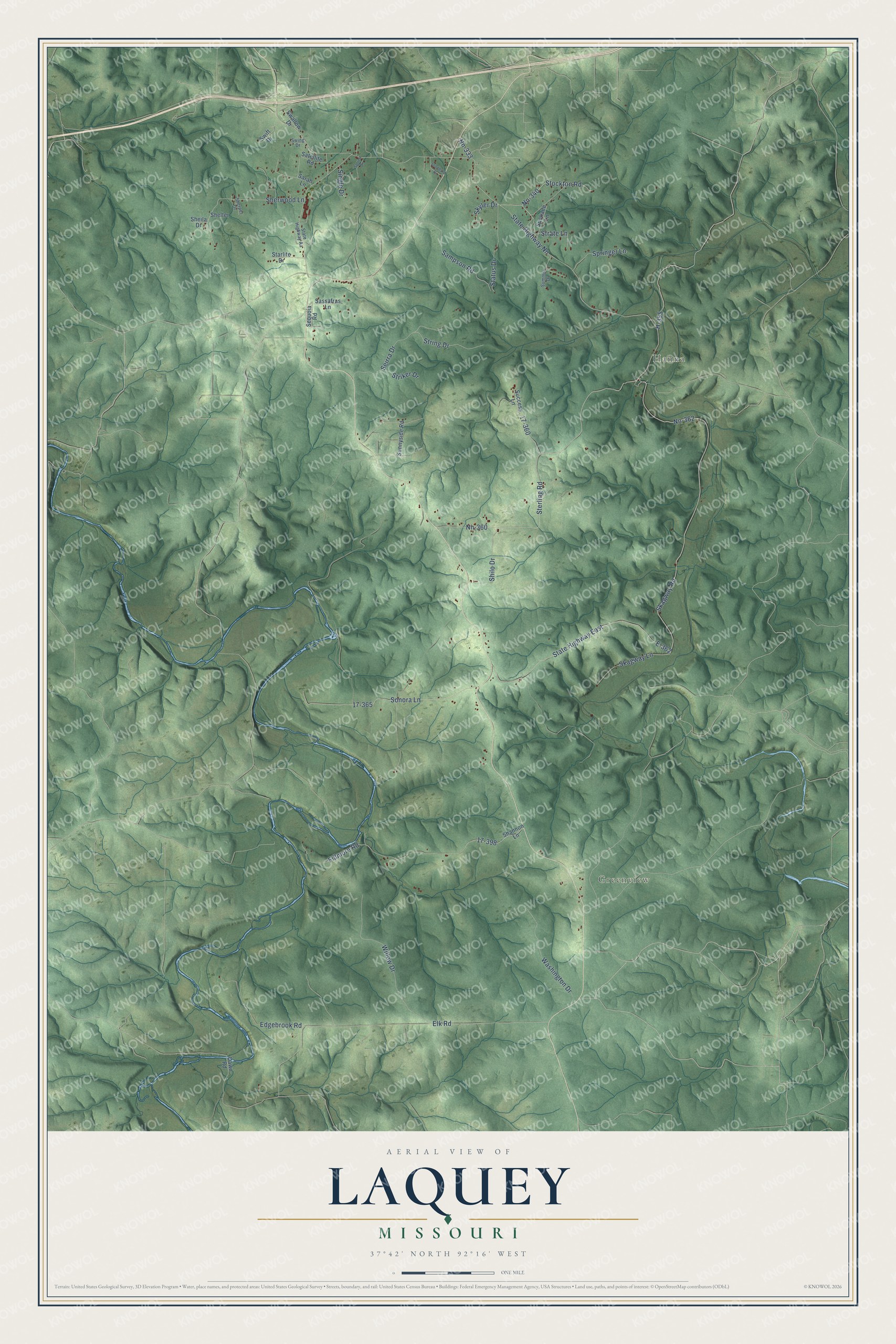 Full map of Laquey, Missouri, with red buildings, printed street names and the land around them