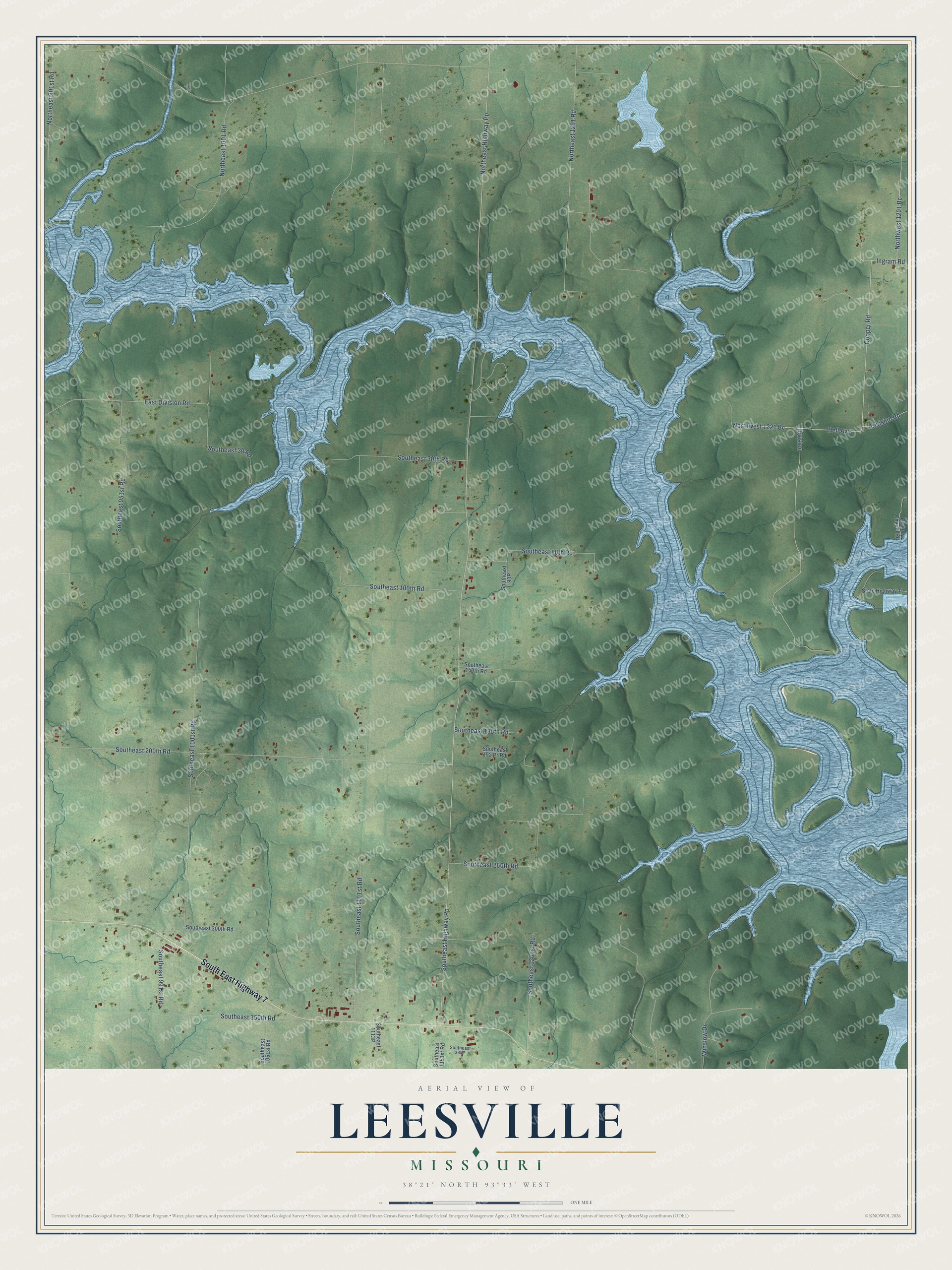 Full map of Leesville, Missouri, with red buildings, printed street names and the land around them